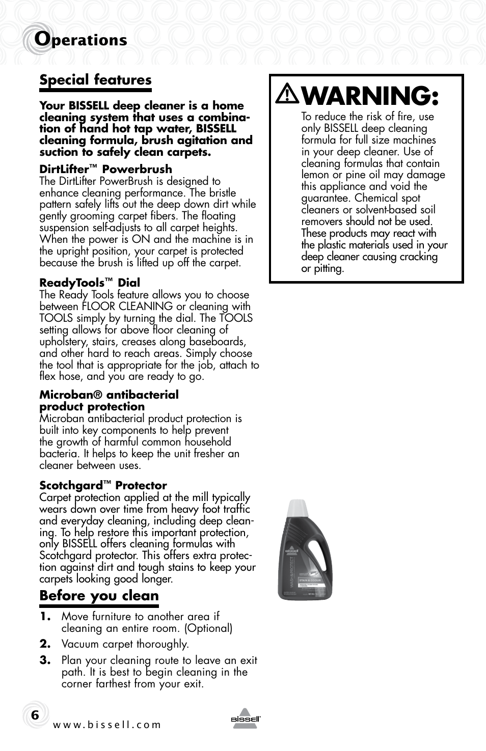 Warning, Perations, Special features | Before you clean | Bissell 53W1 User Manual | Page 6 / 16