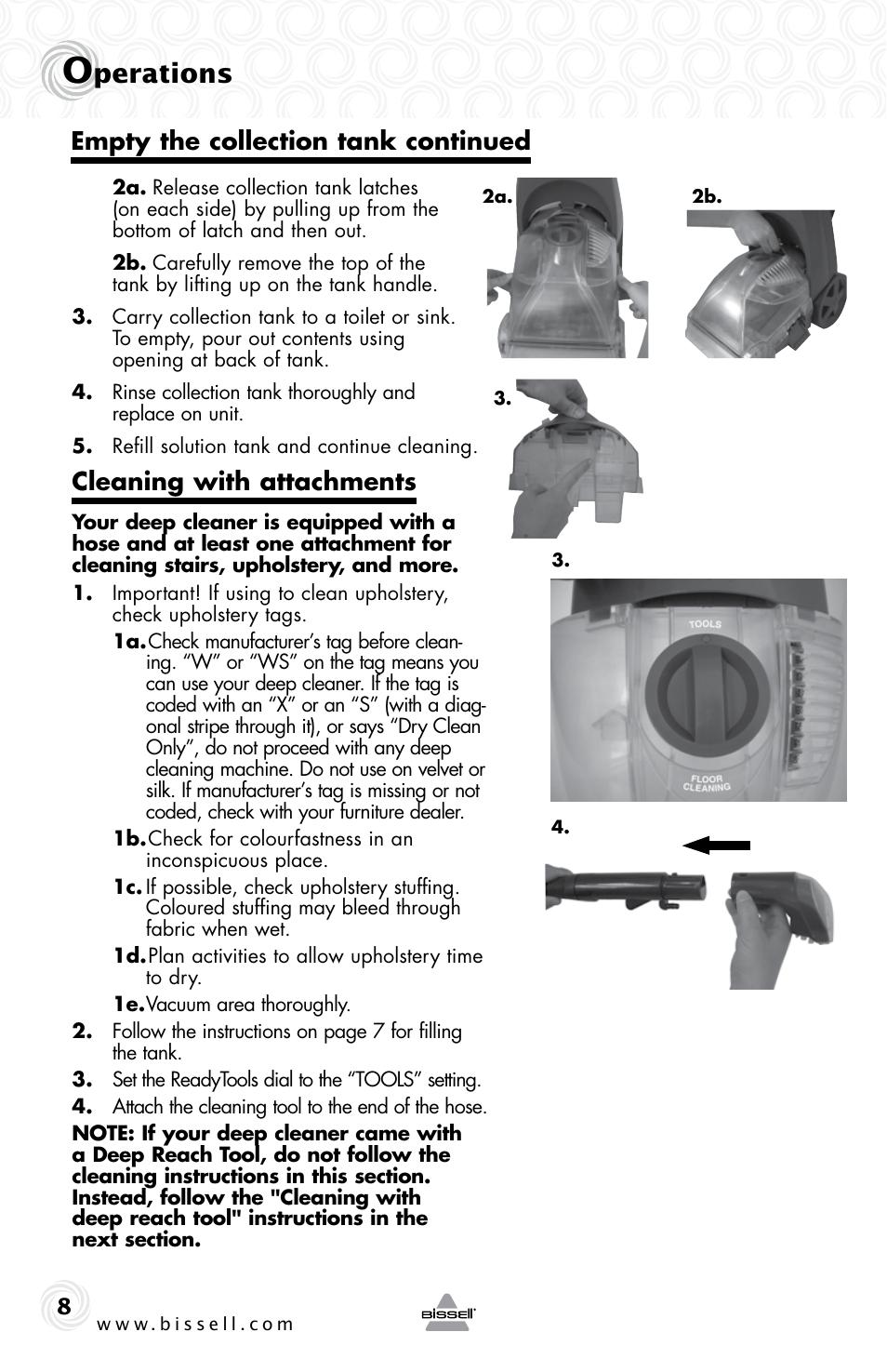 Perations, Cleaning with attachments, Empty the collection tank continued | Bissell 53W1 User Manual | Page 8 / 16