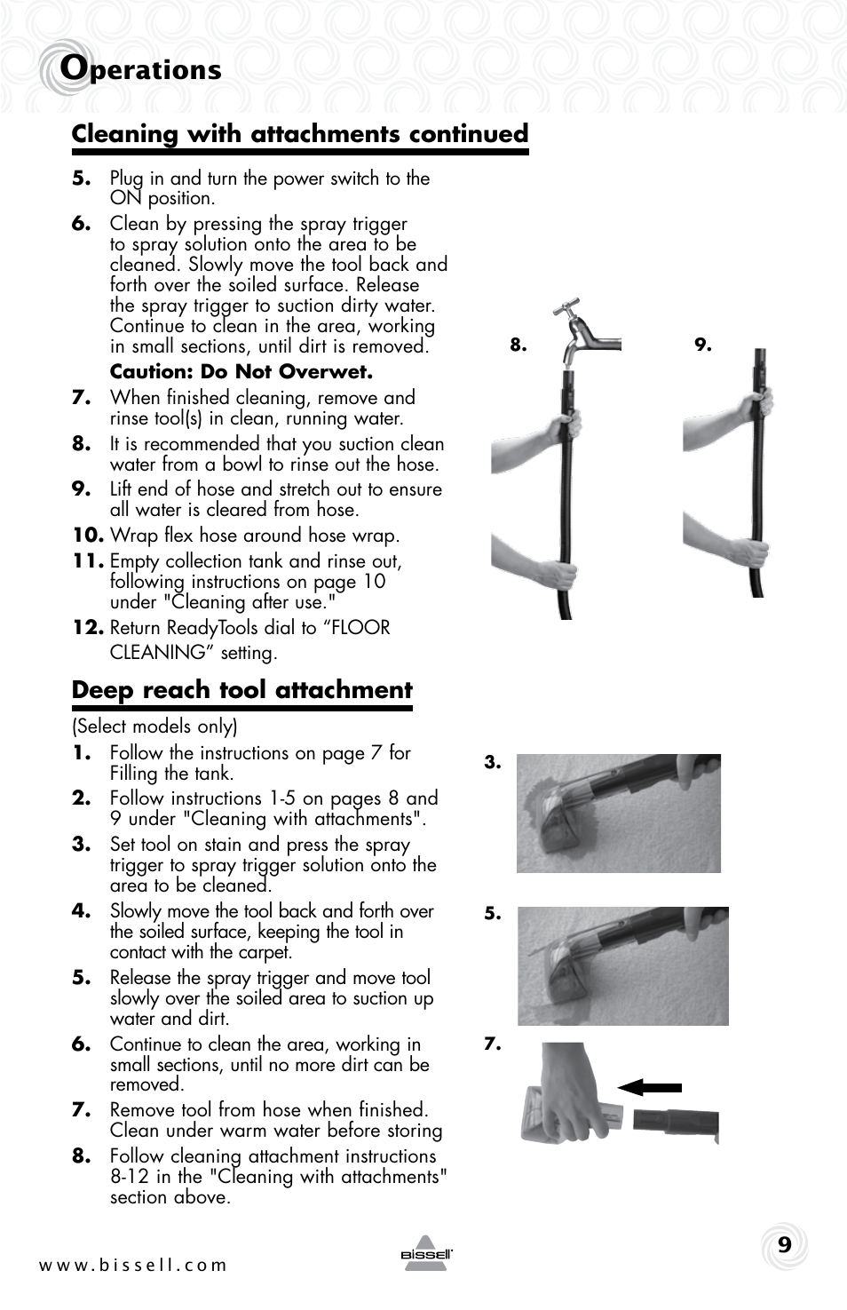 Perations, Deep reach tool attachment, Cleaning with attachments continued | Bissell 53W1 User Manual | Page 9 / 16