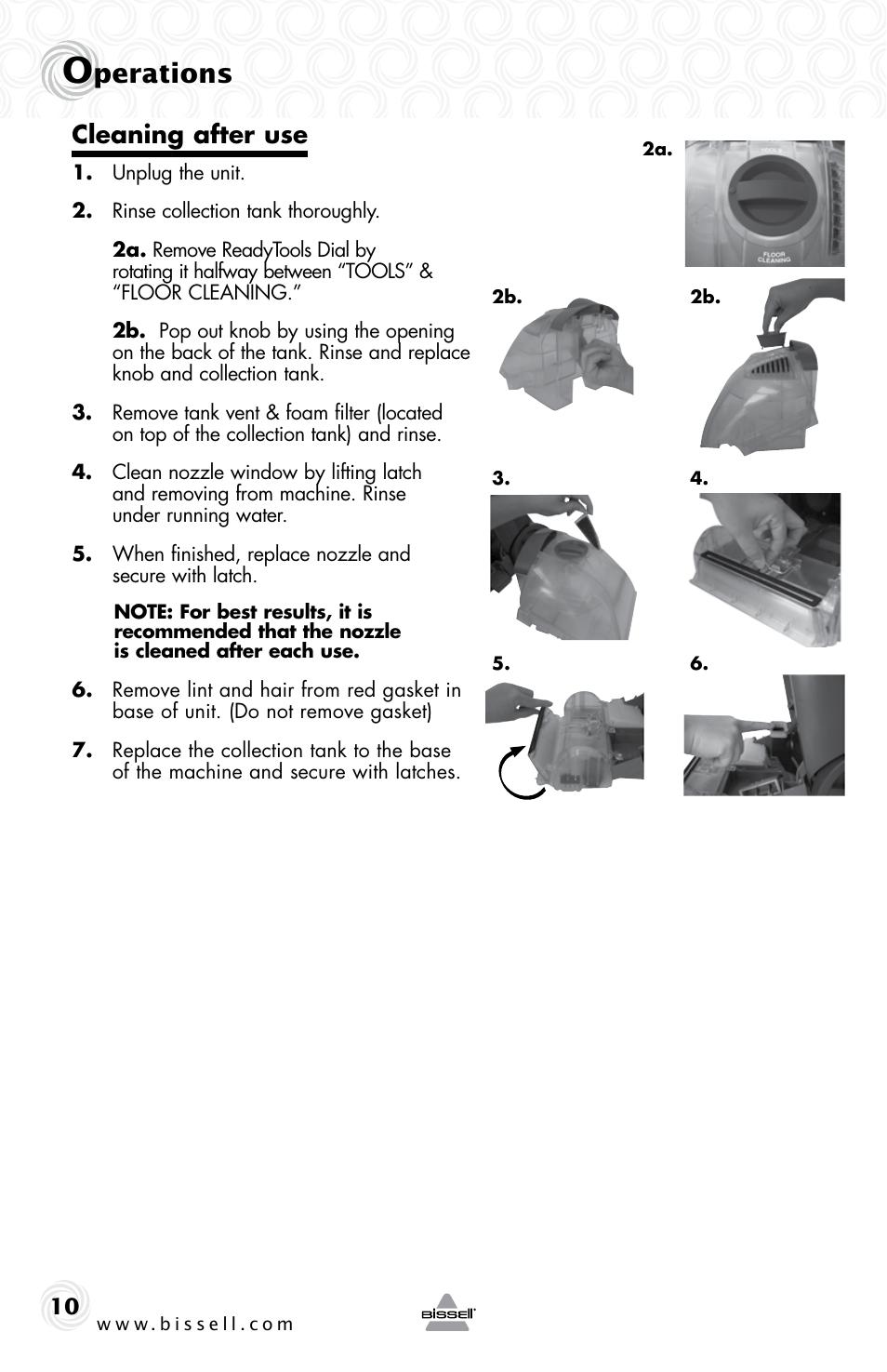 Perations, Cleaning after use | Bissell 68W6e User Manual | Page 10 / 16