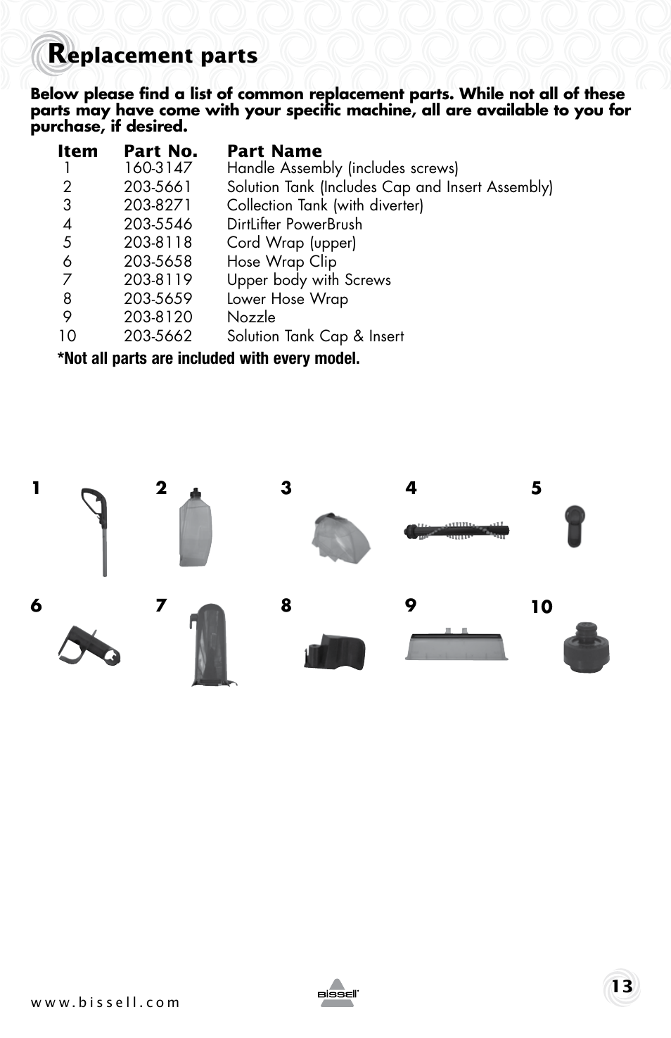 Eplacement parts | Bissell 68W6e User Manual | Page 13 / 16