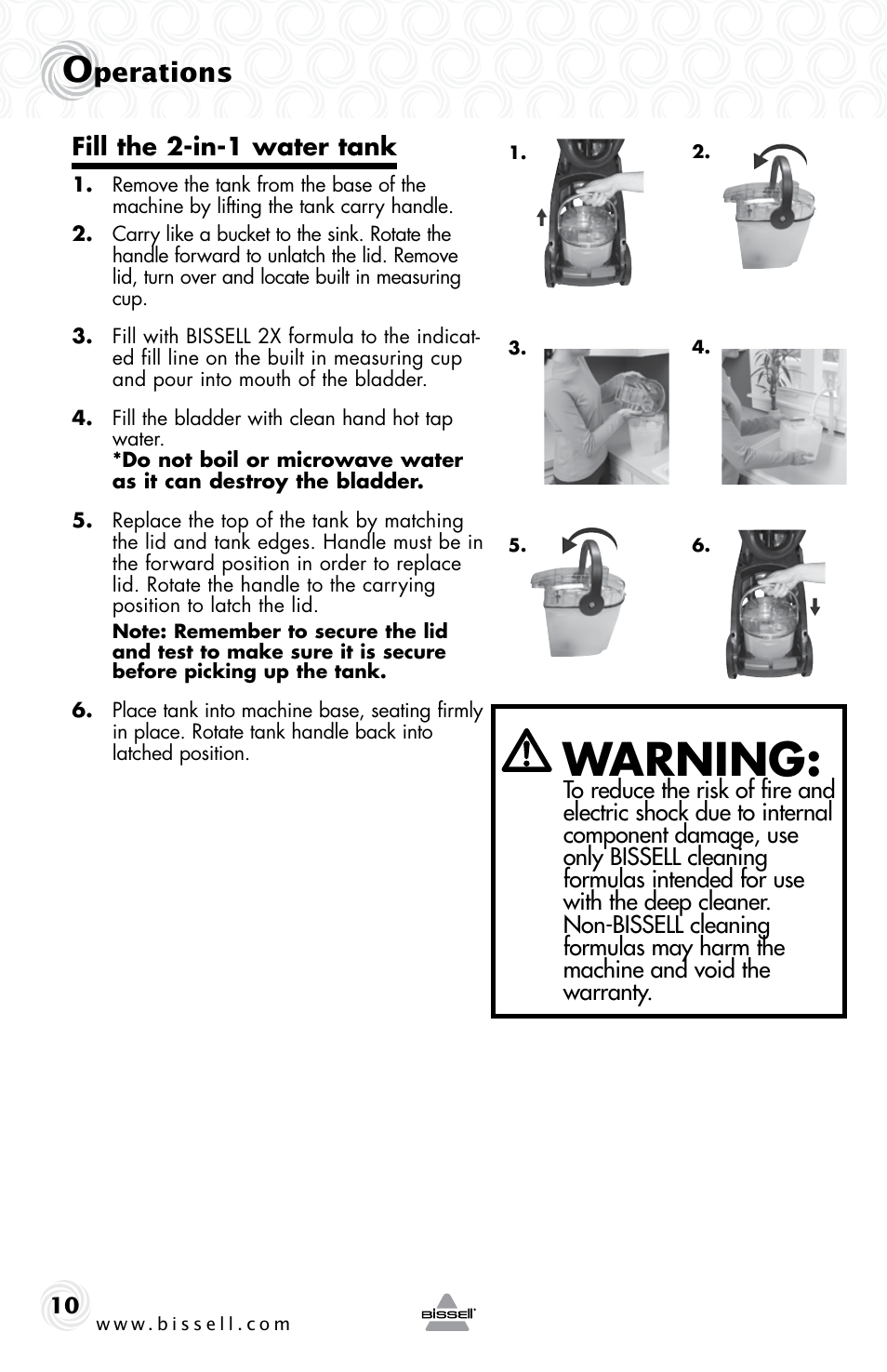 Warning, Perations | Bissell 70C8 User Manual | Page 10 / 20