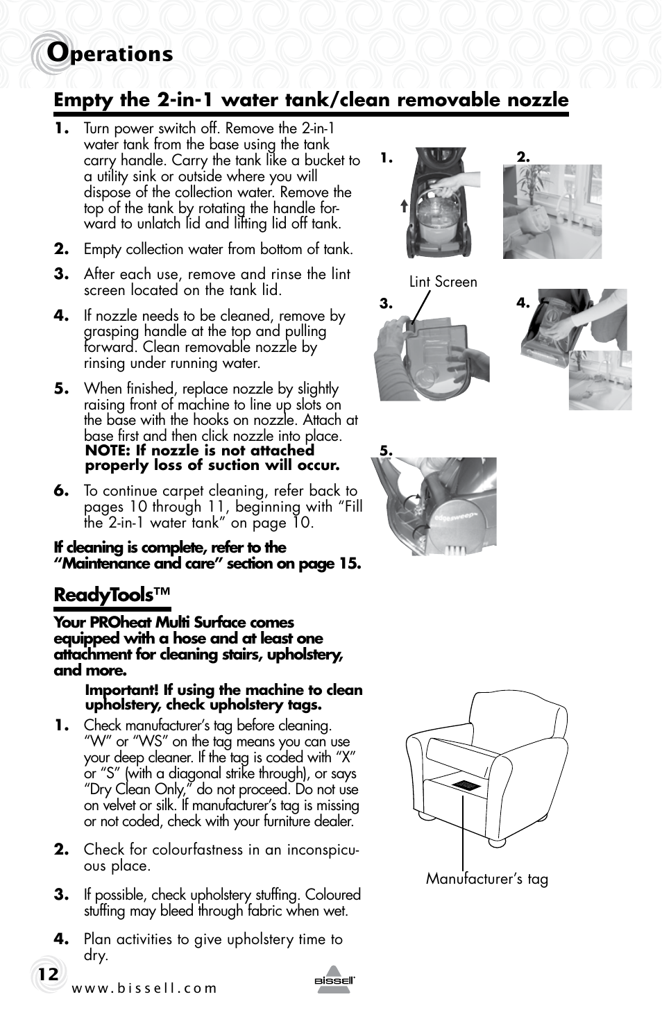 Perations, Readytools, Empty the 2-in-1 water tank/clean removable nozzle | Bissell 70C8 User Manual | Page 12 / 20