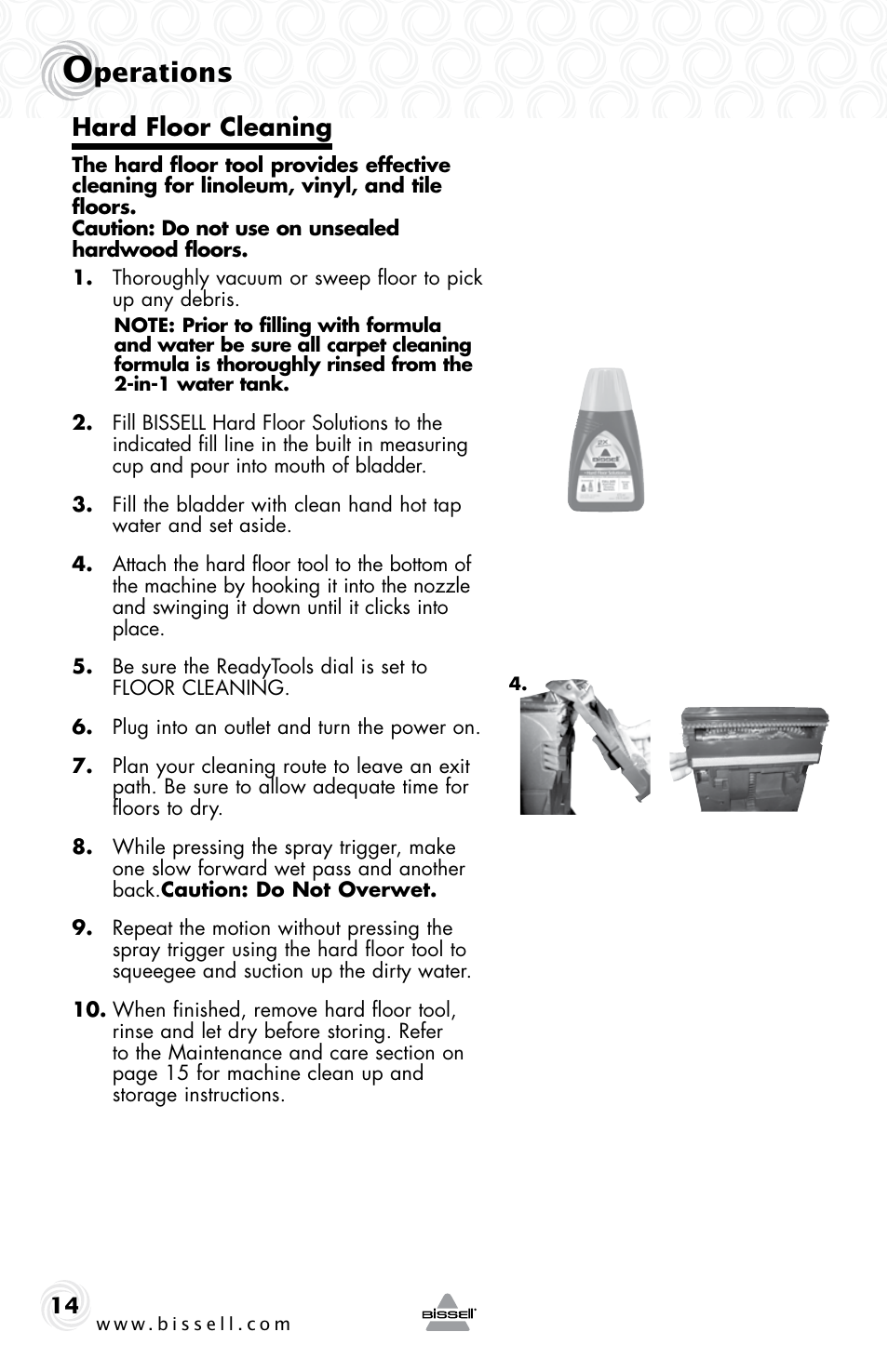 Perations, Hard floor cleaning | Bissell 70C8 User Manual | Page 14 / 20