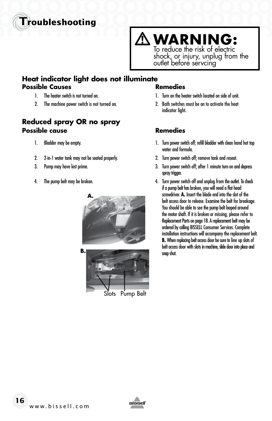 Warning, Roubleshooting | Bissell 70C8 User Manual | Page 16 / 20