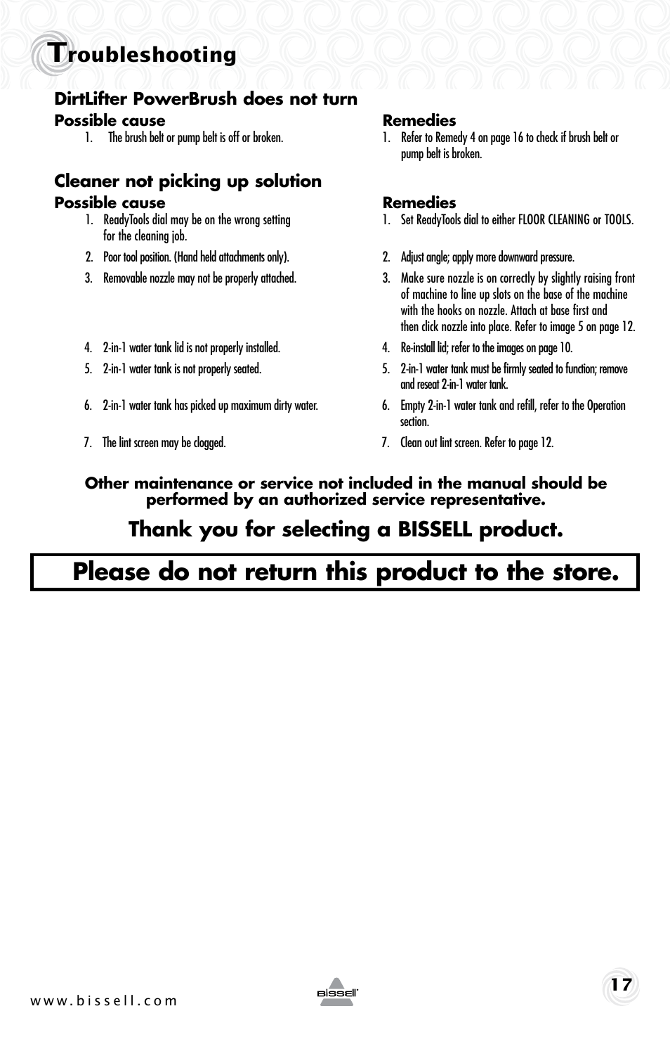 Please do not return this product to the store, Roubleshooting | Bissell 70C8 User Manual | Page 17 / 20