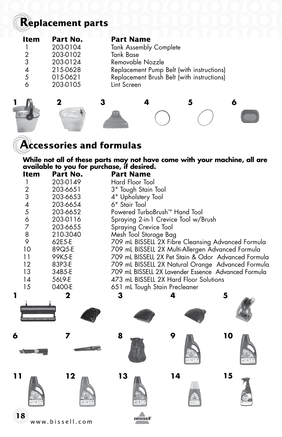 Eplacement parts, Ccessories and formulas | Bissell 70C8 User Manual | Page 18 / 20