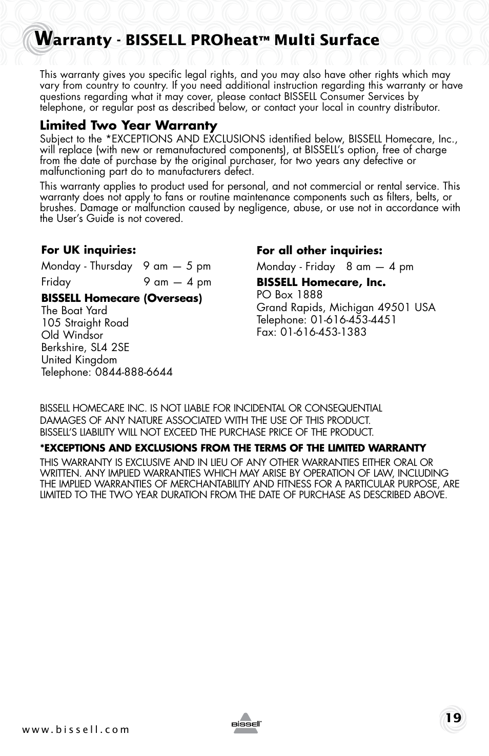 Arranty - bissell proheat, Multi surface | Bissell 70C8 User Manual | Page 19 / 20