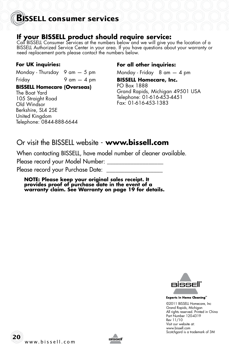 Issell consumer services, If your bissell product should require service | Bissell 70C8 User Manual | Page 20 / 20