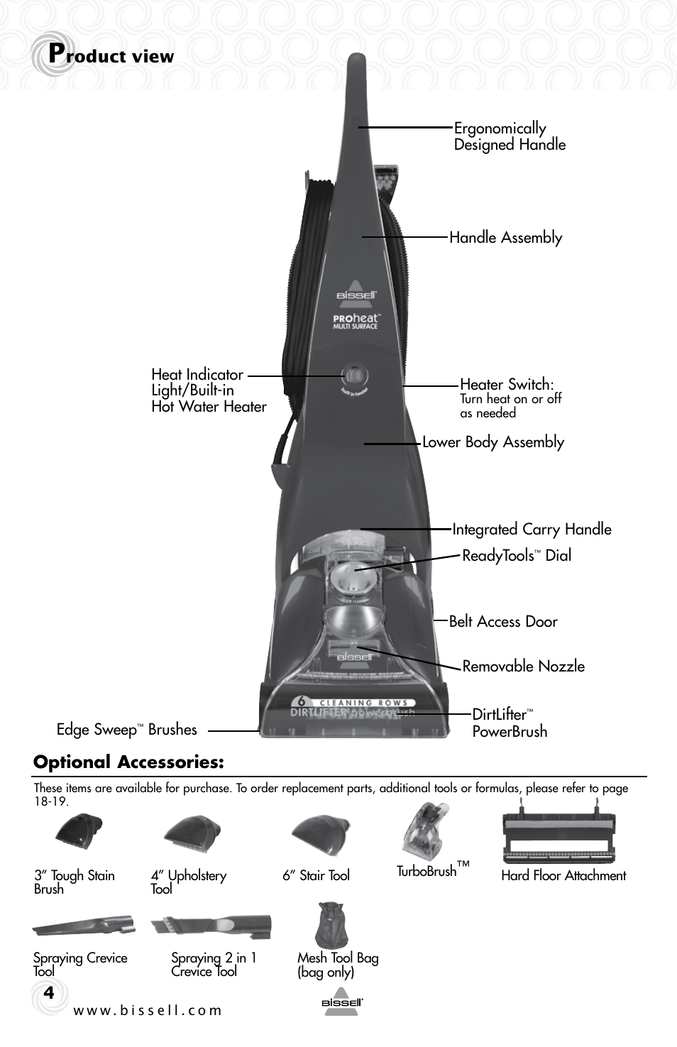 Roduct view, Optional accessories | Bissell 70C8 User Manual | Page 4 / 20