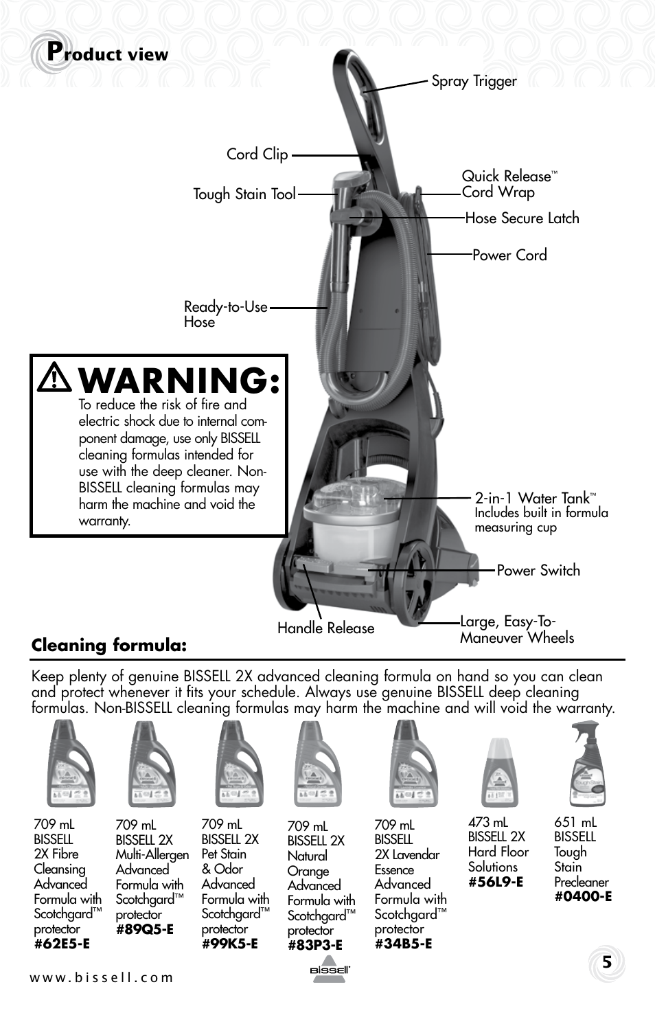 Warning, Roduct view 5, Cleaning formula | Bissell 70C8 User Manual | Page 5 / 20