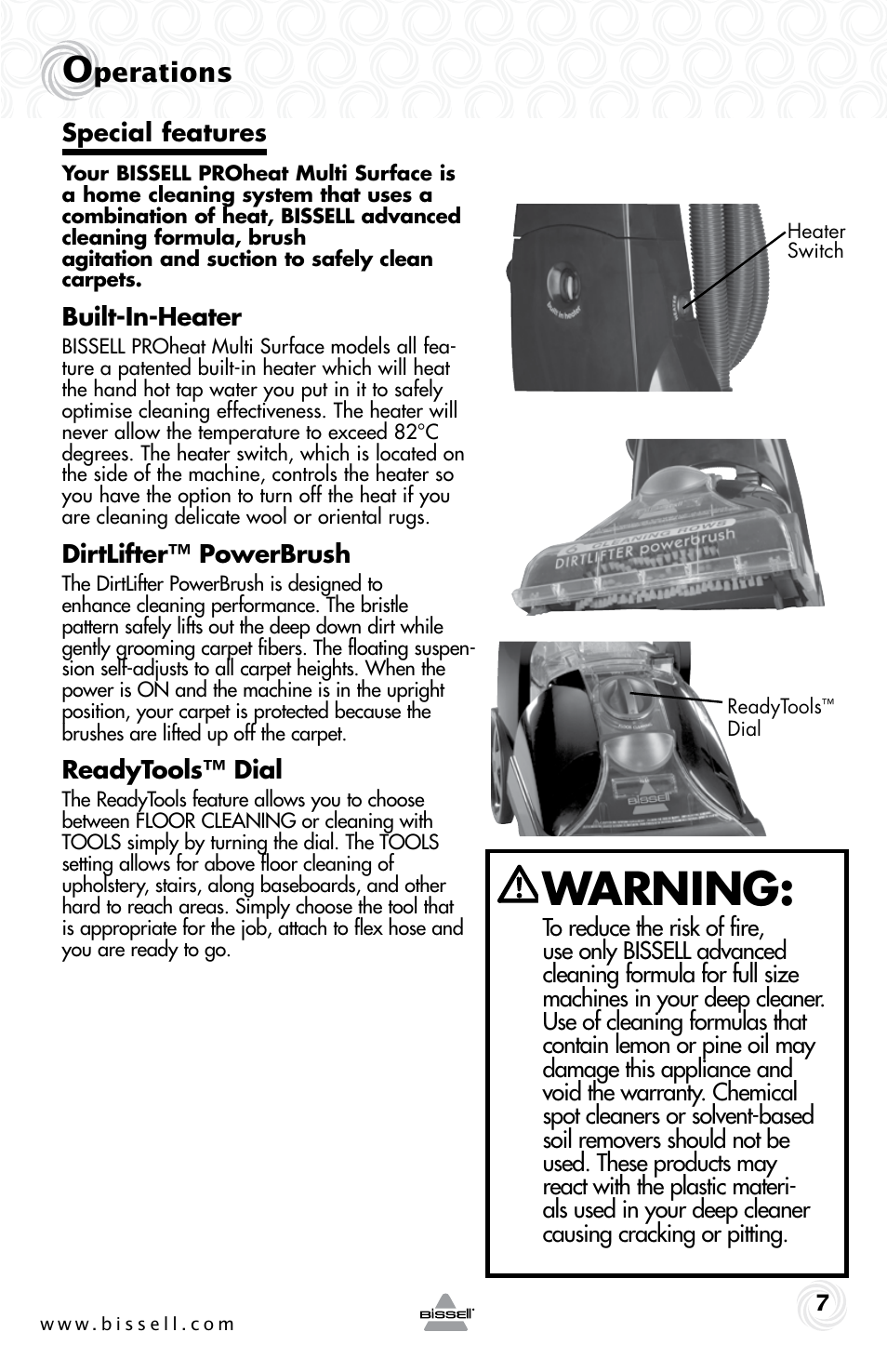 Warning, Perations | Bissell 70C8 User Manual | Page 7 / 20