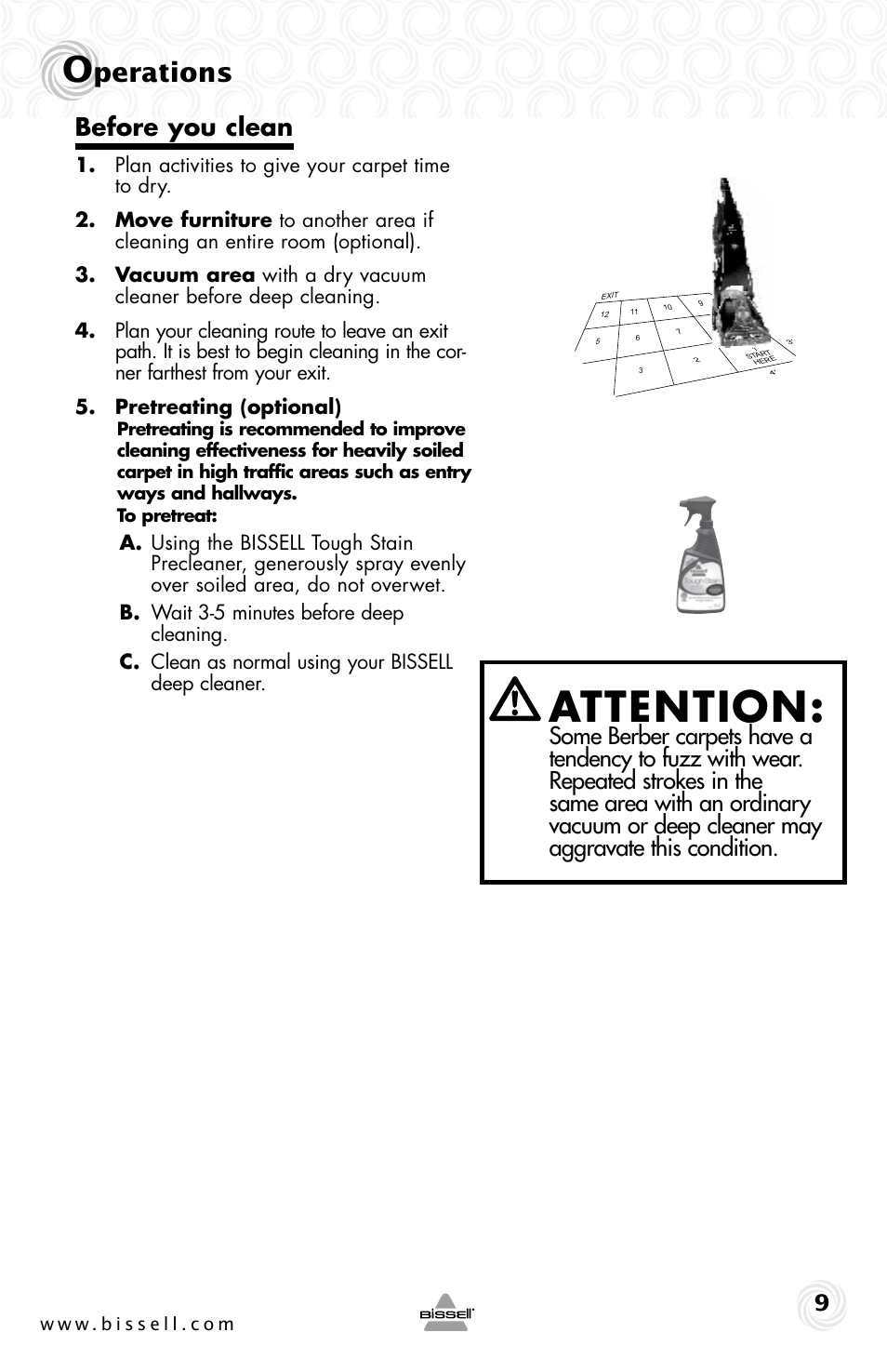 Attention, Perations, Before you clean | Bissell 70C8 User Manual | Page 9 / 20