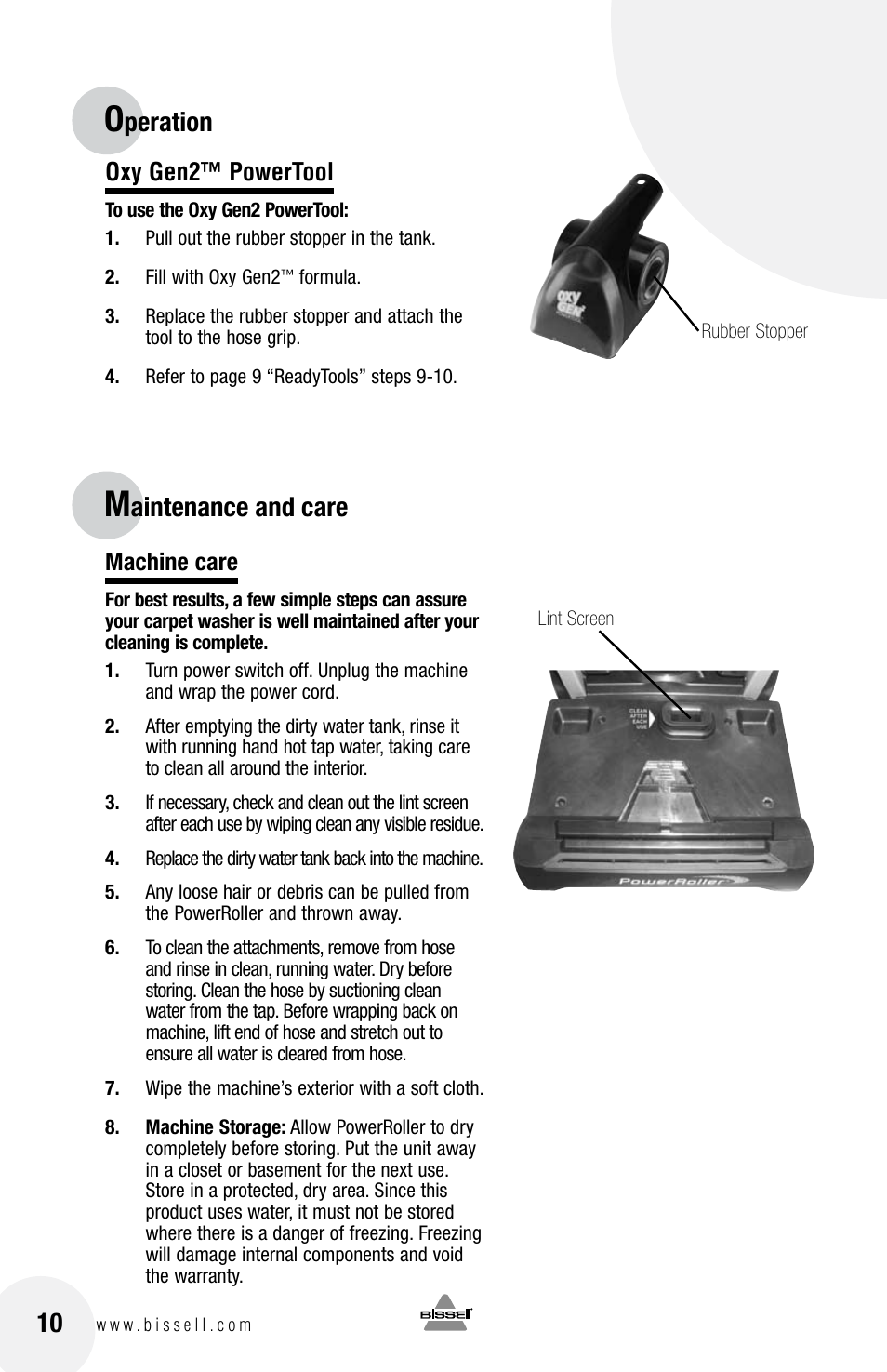 Peration, Aintenance and care, Oxy gen2™ powertool | Machine care | Bissell 79T3 User Manual | Page 10 / 16