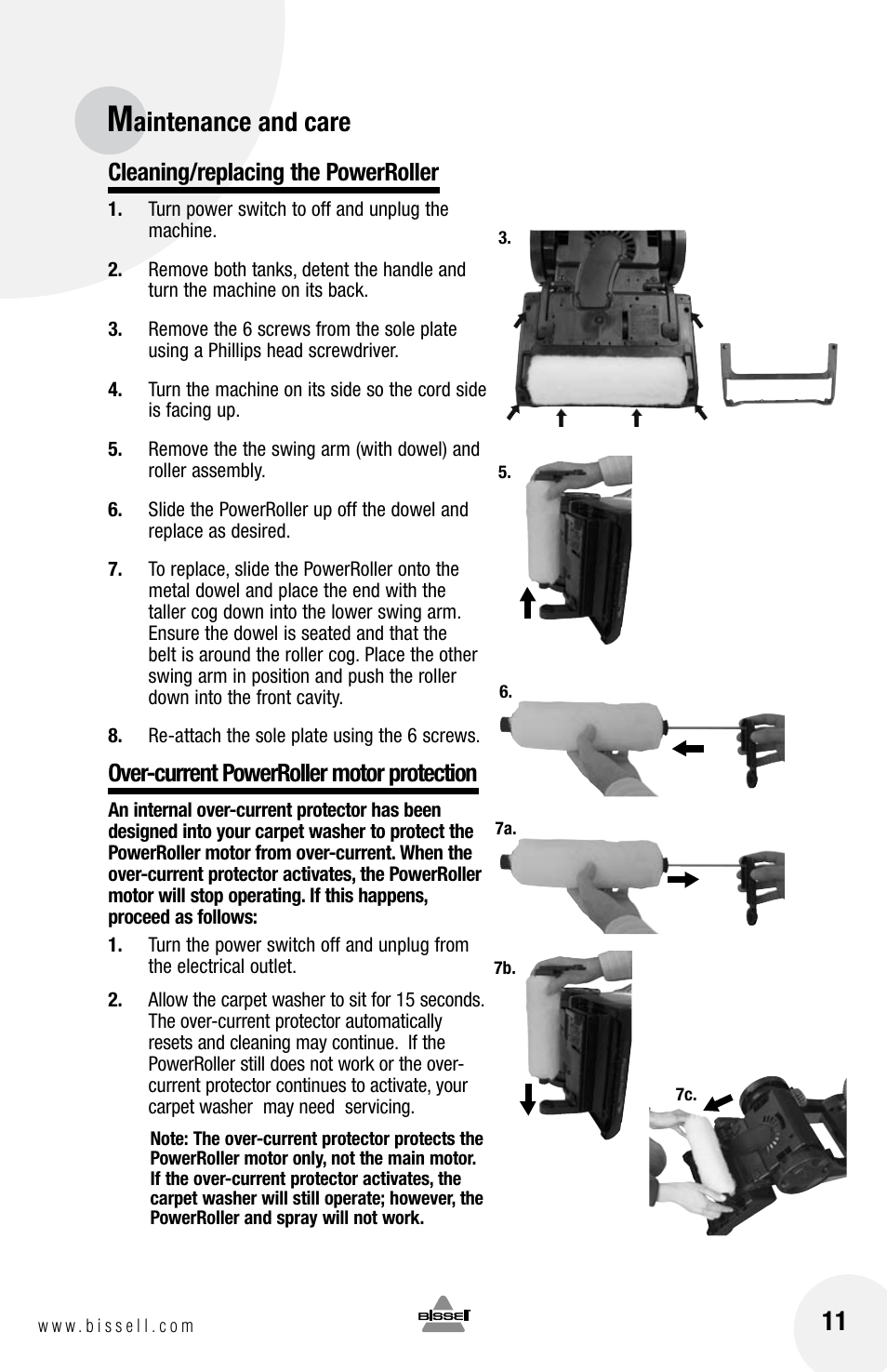 Aintenance and care, Cleaning/replacing the powerroller, Over-current powerroller motor protection | Bissell 79T3 User Manual | Page 11 / 16