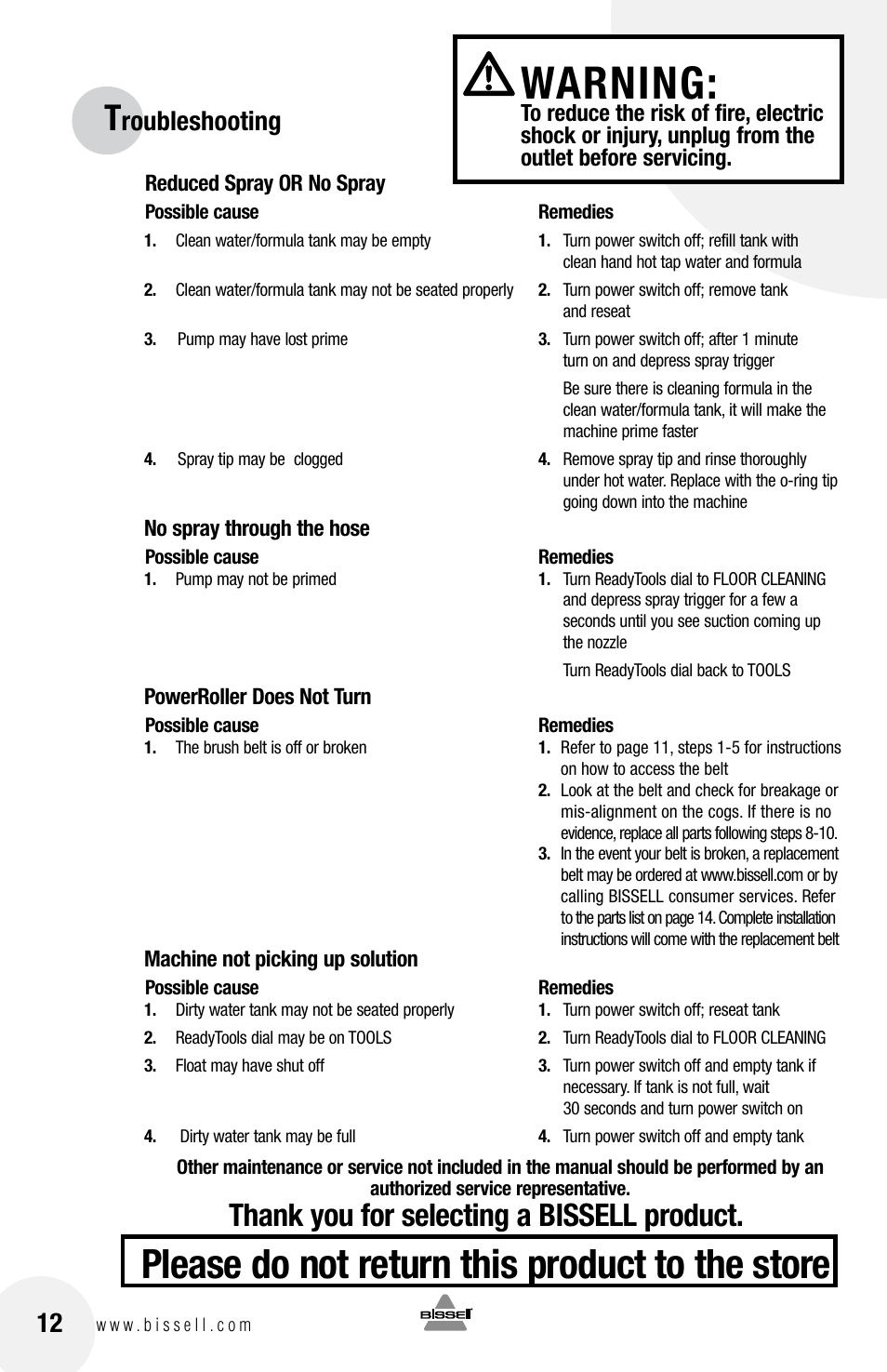Warning, Please do not return this product to the store, Roubleshooting | Bissell 79T3 User Manual | Page 12 / 16