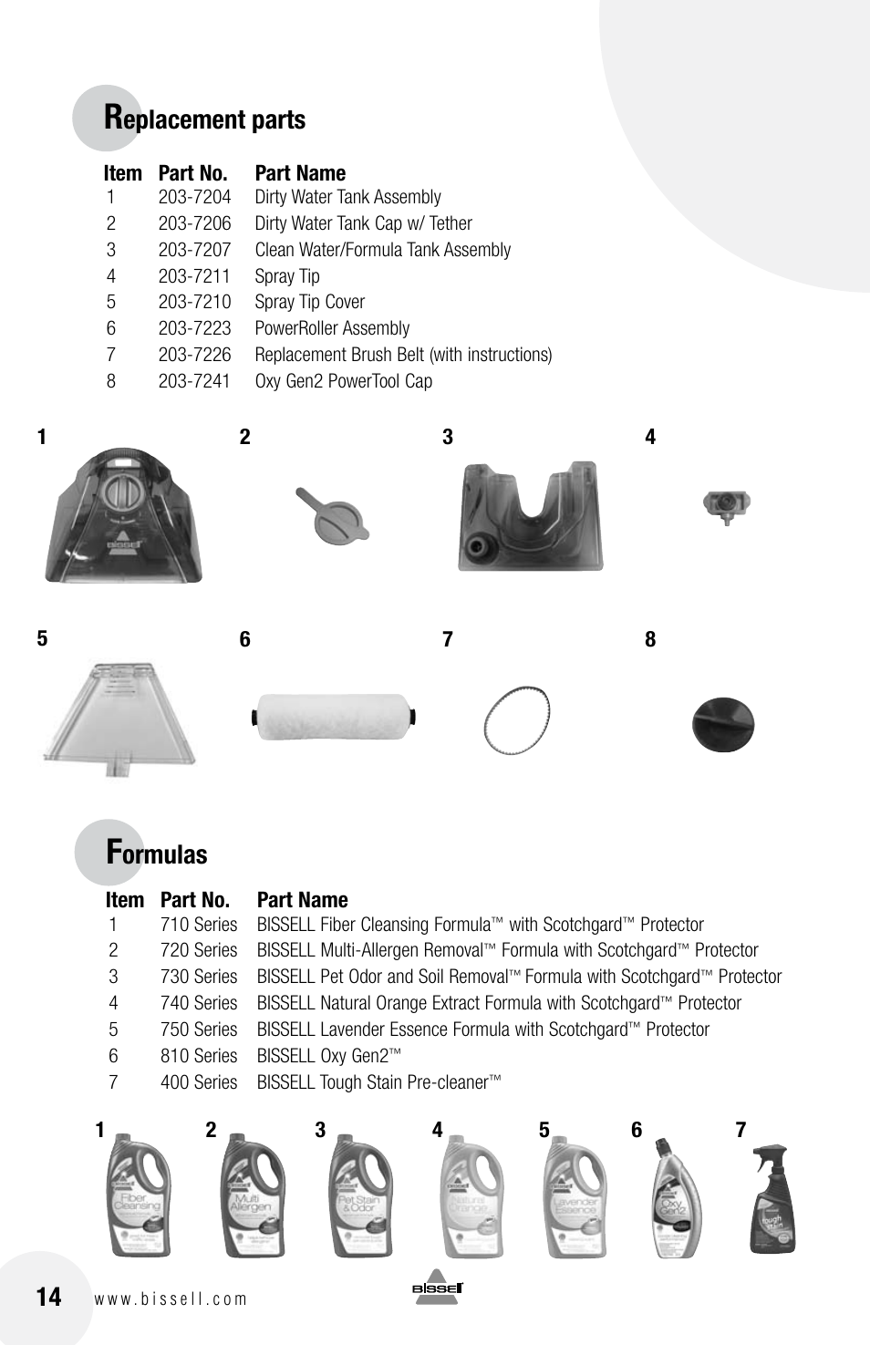 Eplacement parts, Ormulas | Bissell 79T3 User Manual | Page 14 / 16