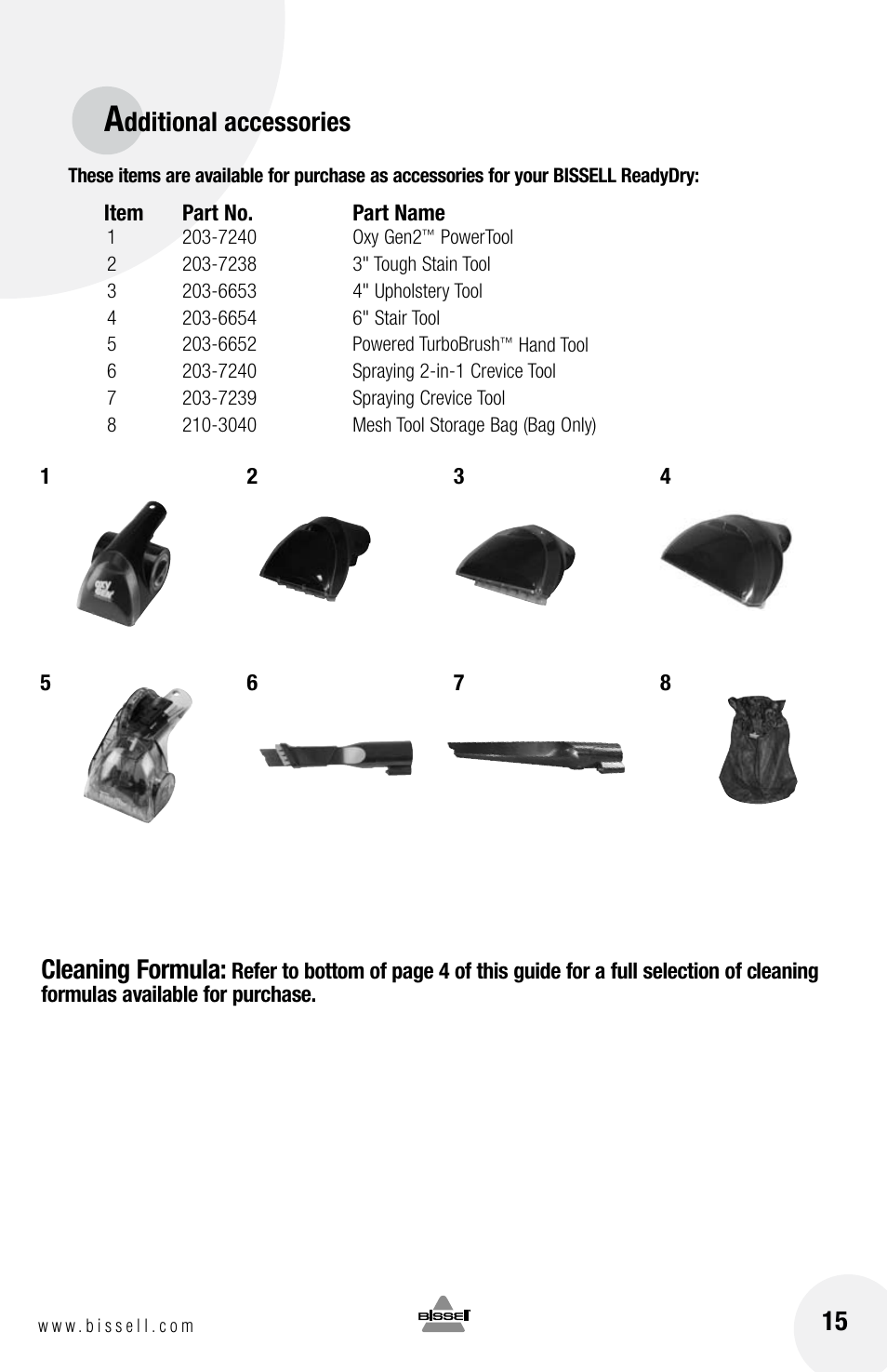 Dditional accessories, Cleaning formula | Bissell 79T3 User Manual | Page 15 / 16