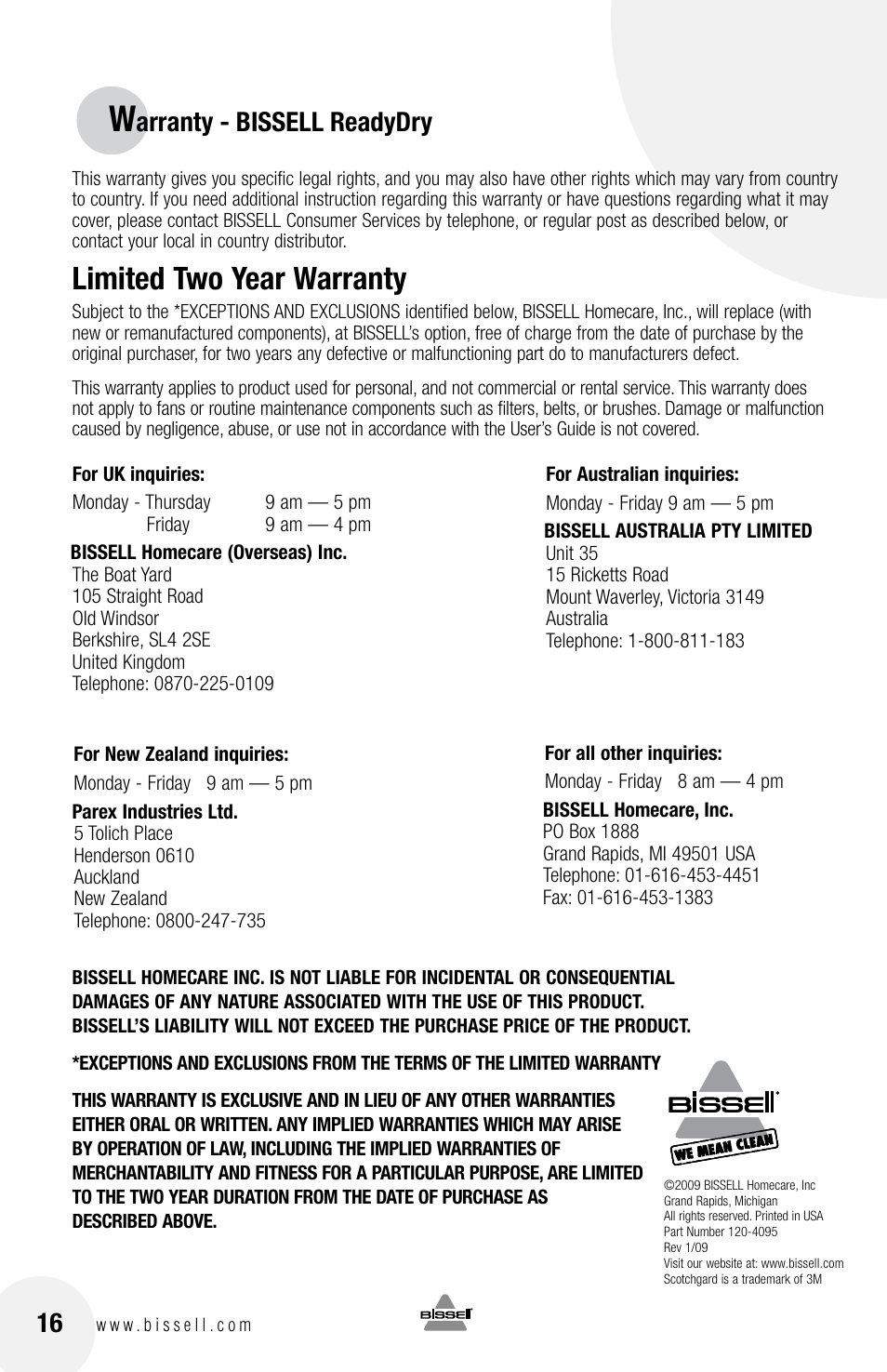 Limited two year warranty, Arranty - bissell readydry | Bissell 79T3 User Manual | Page 16 / 16