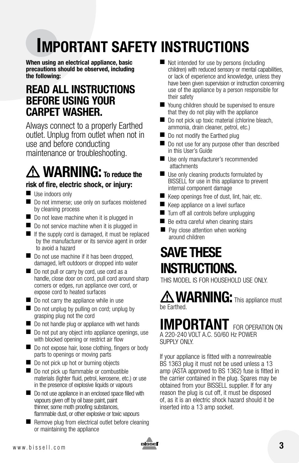 Mportant safety instructions, Warning, Important | Save these instructions | Bissell 79T3 User Manual | Page 3 / 16