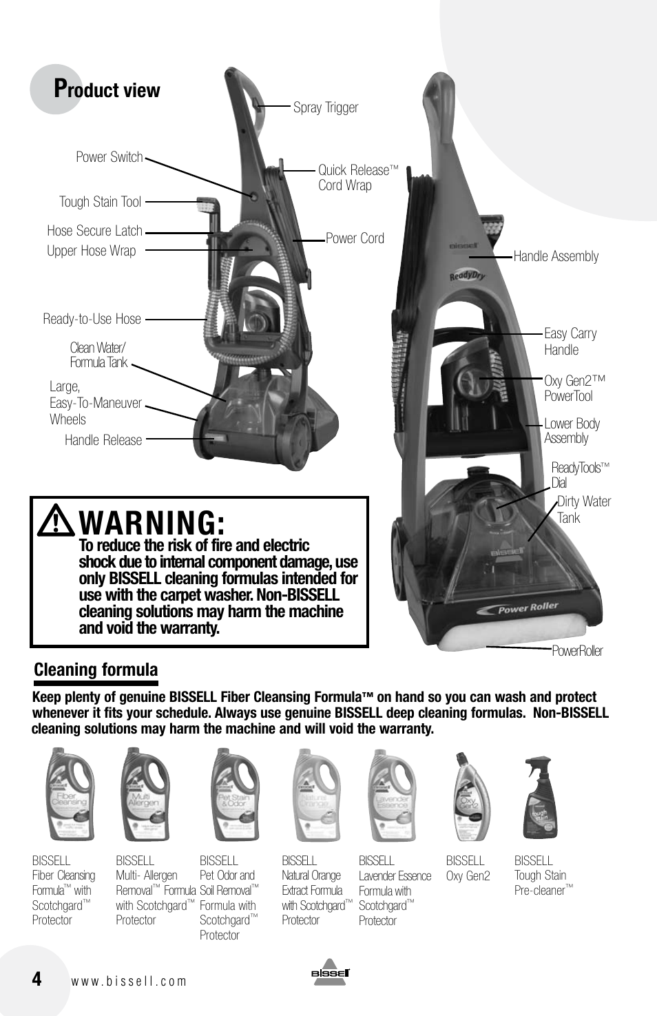 Warning, Roduct view, Cleaning formula | Bissell 79T3 User Manual | Page 4 / 16