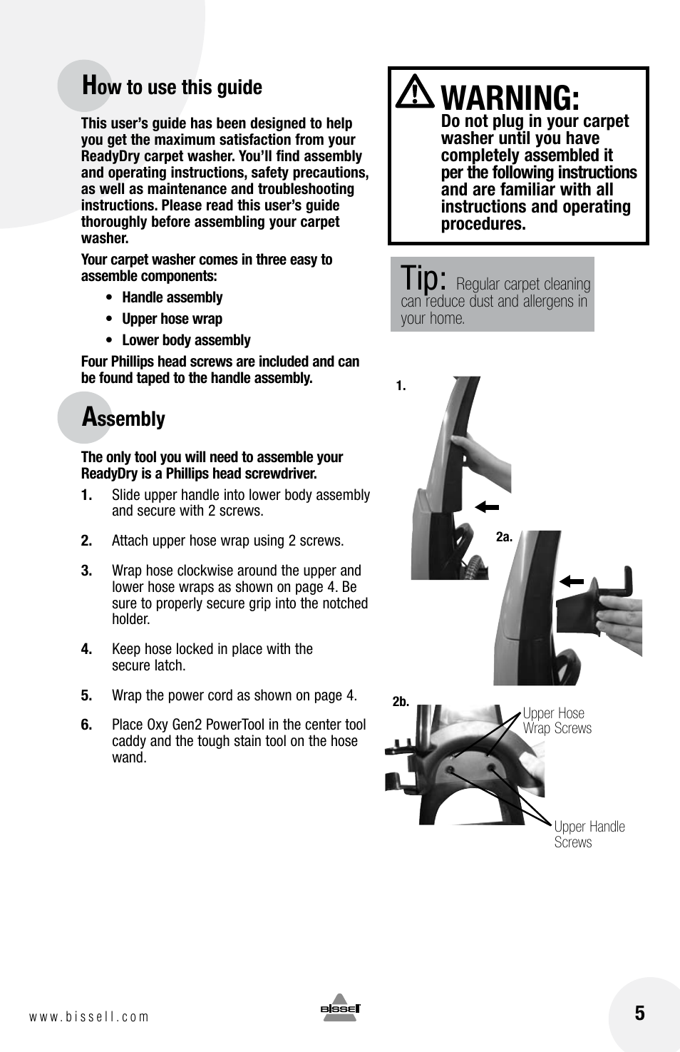 Warning, Ow to use this guide, Ssembly | Bissell 79T3 User Manual | Page 5 / 16