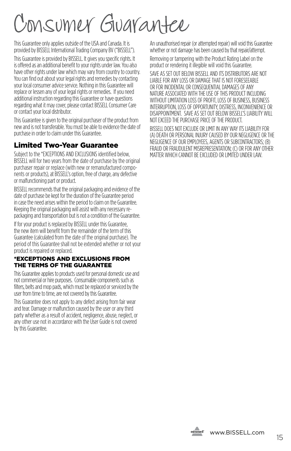 Consumer guarantee | Bissell 93R4e User Manual | Page 15 / 16