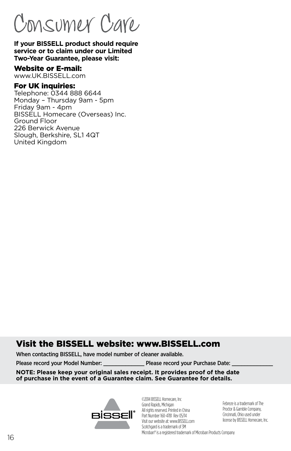 Consumer care | Bissell 93R4e User Manual | Page 16 / 16