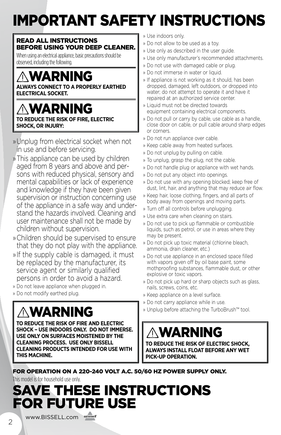 Important safety instructions, Warning, Save these instructions for future use | Bissell 93R4e User Manual | Page 2 / 16