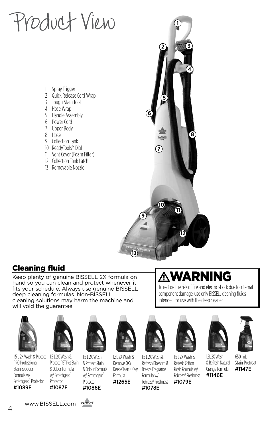 Product view, Warning, Cleaning fluid | Bissell 93R4e User Manual | Page 4 / 16