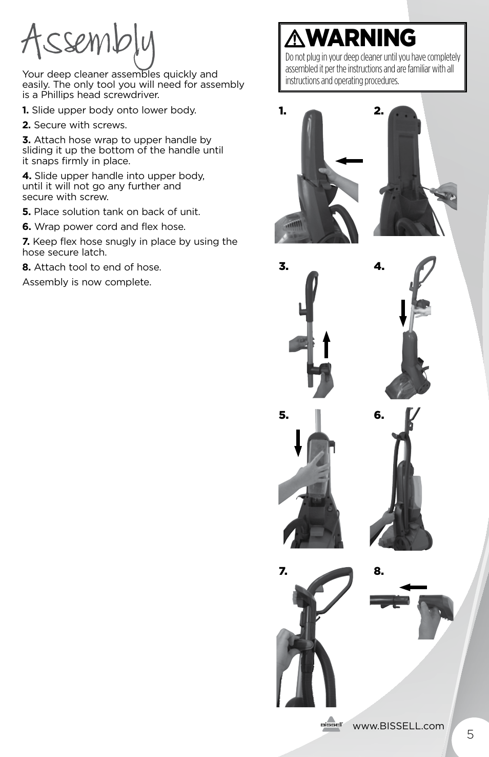 Assembly, Warning | Bissell 93R4e User Manual | Page 5 / 16