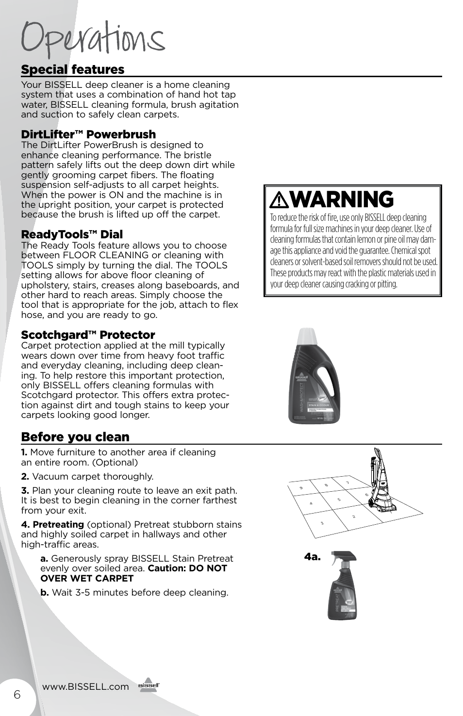 Operations, Warning, Special features | Before you clean, Dirtlifter™ powerbrush, Readytools™ dial, Scotchgard™ protector | Bissell 93R4e User Manual | Page 6 / 16