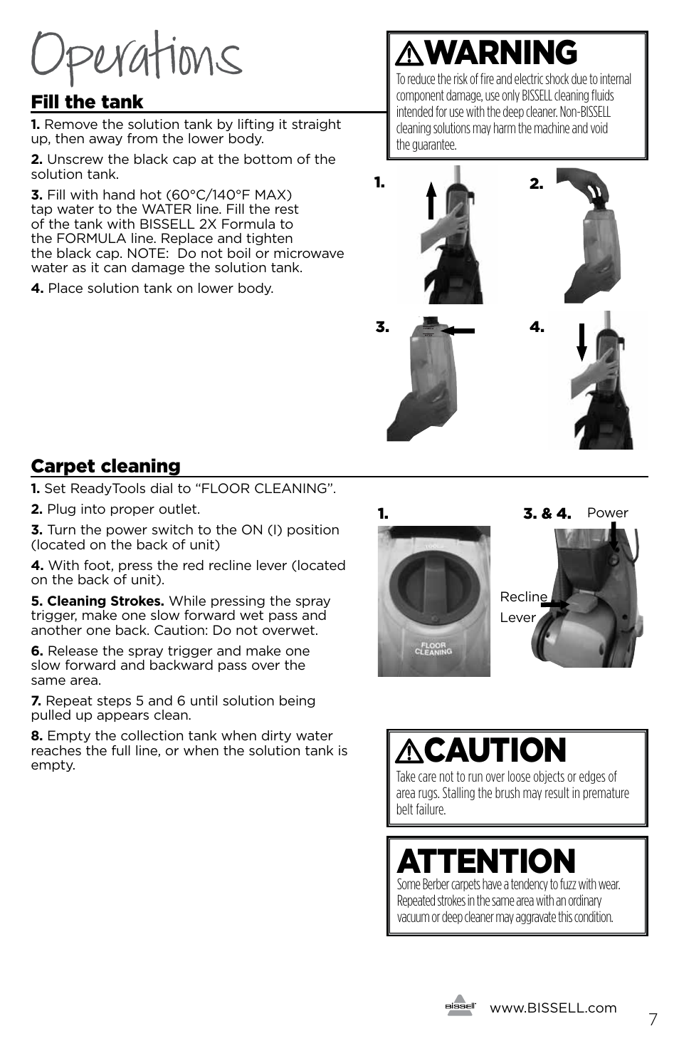 Operations, Attention, Caution | Warning | Bissell 93R4e User Manual | Page 7 / 16