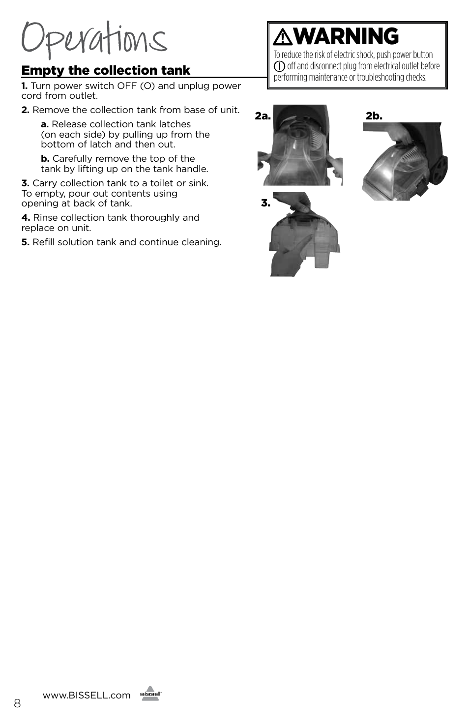Operations, Warning | Bissell 93R4e User Manual | Page 8 / 16