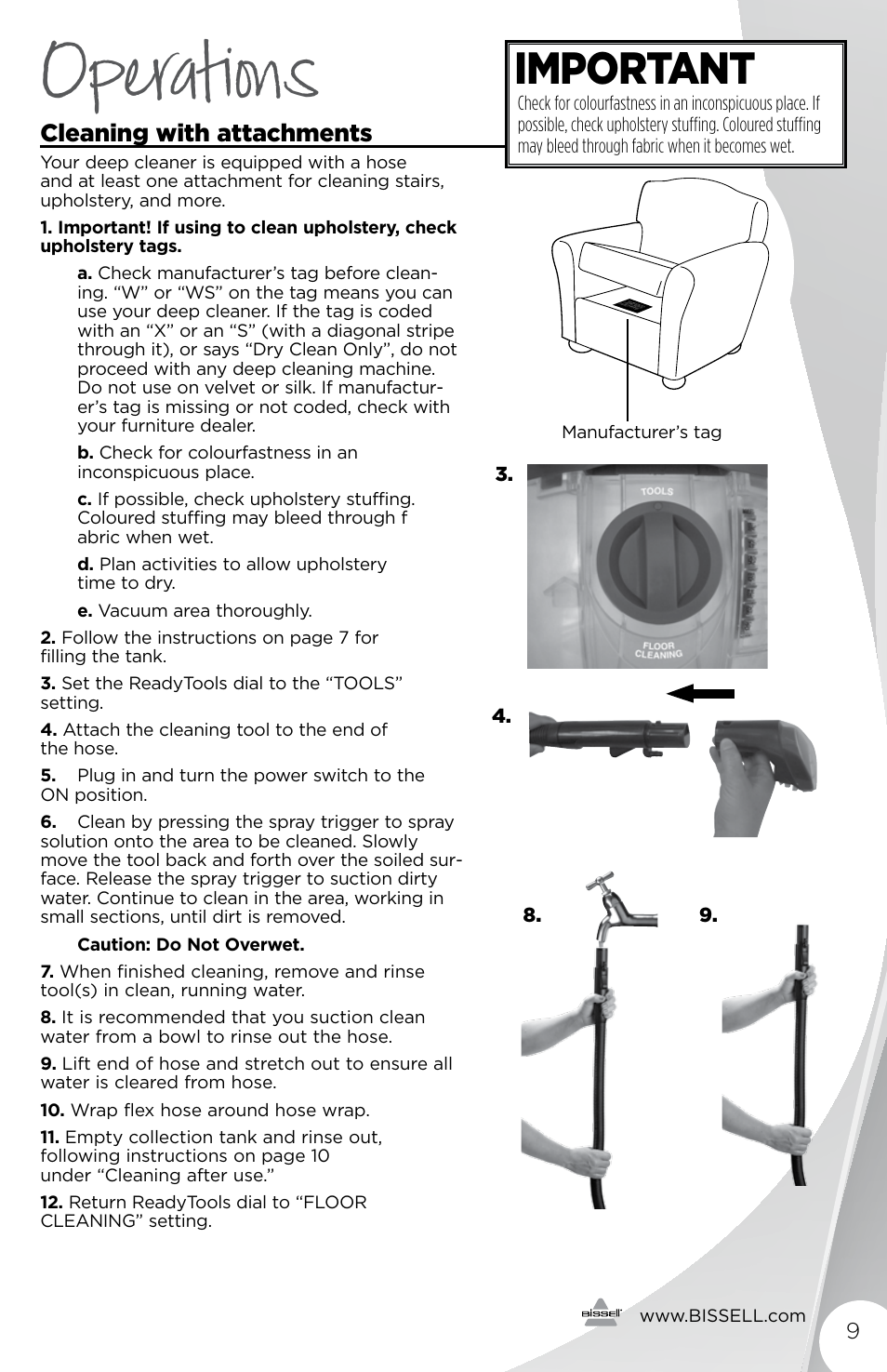 Operations, Important, Cleaning with attachments | Bissell 93R4e User Manual | Page 9 / 16