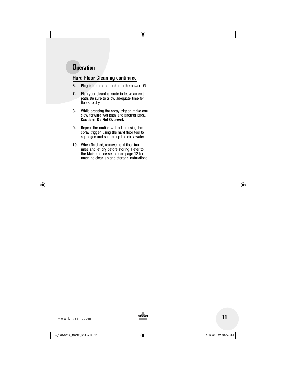 Peration | Bissell 1623E User Manual | Page 11 / 16