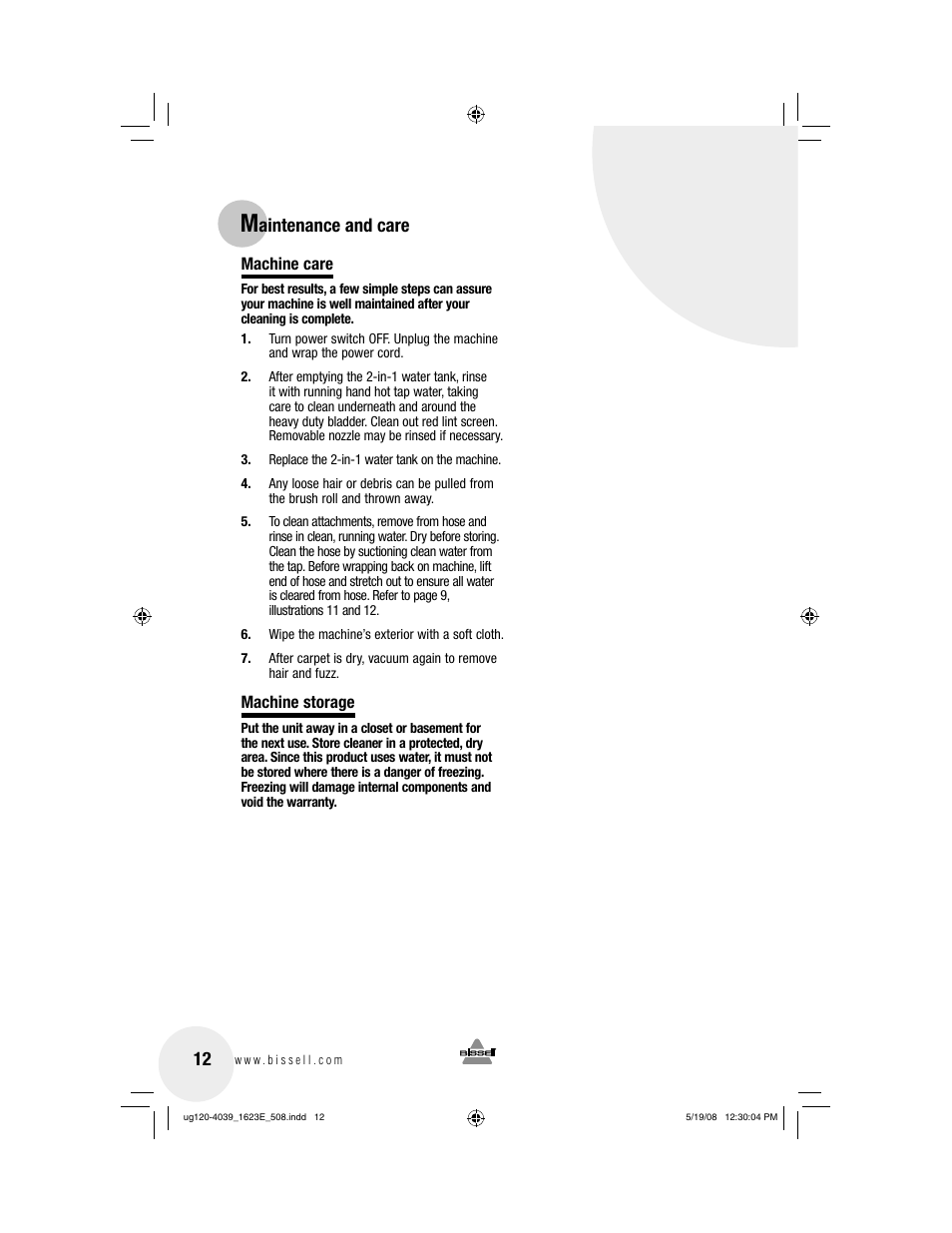 Aintenance and care | Bissell 1623E User Manual | Page 12 / 16