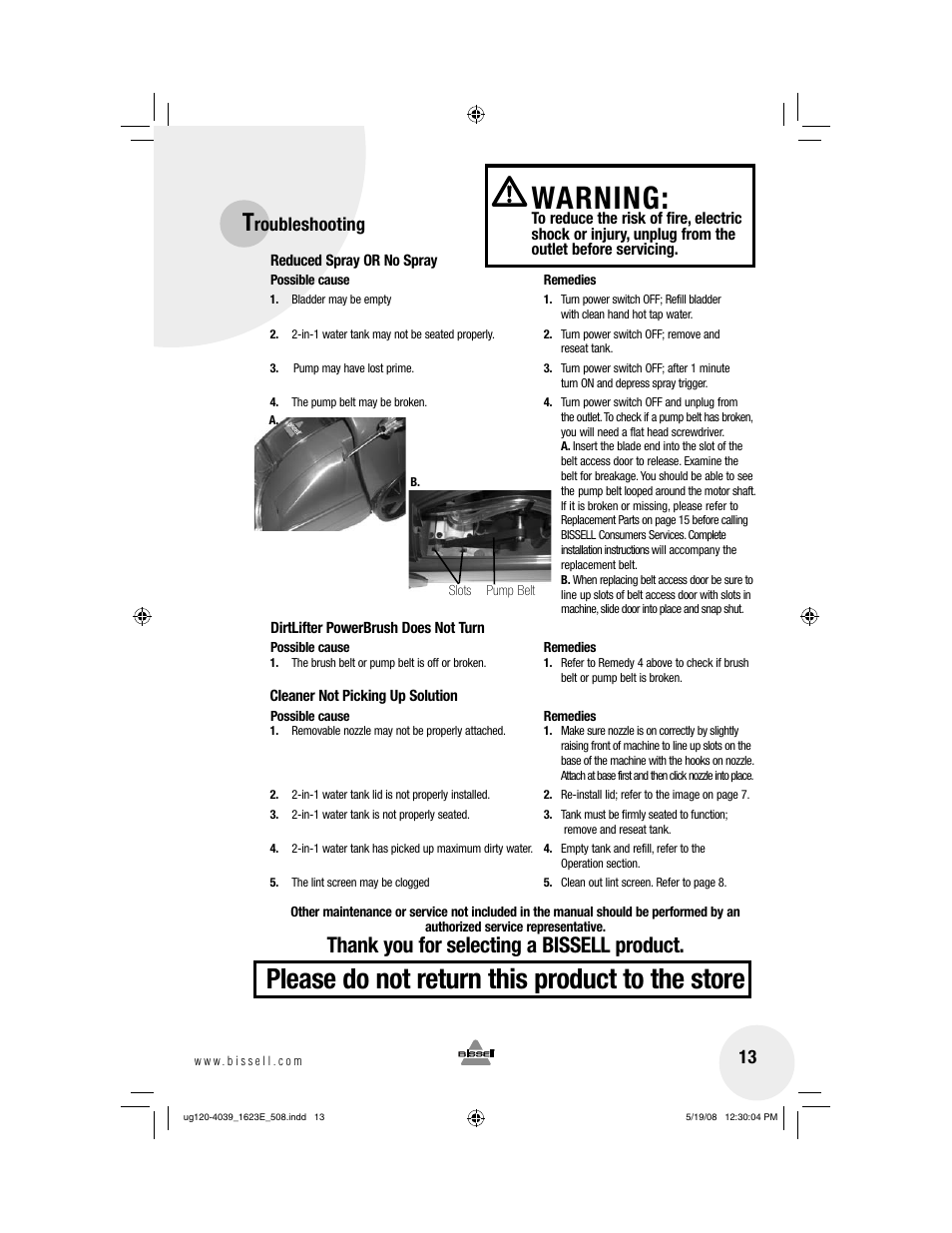 Warning, Please do not return this product to the store, Roubleshooting | Bissell 1623E User Manual | Page 13 / 16