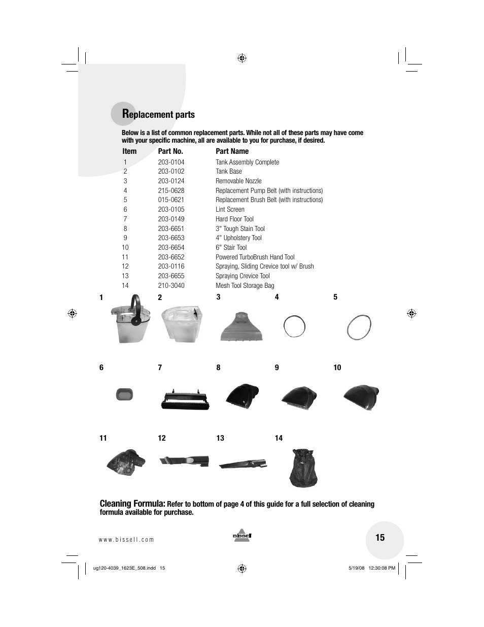 Eplacement parts cleaning formula | Bissell 1623E User Manual | Page 15 / 16