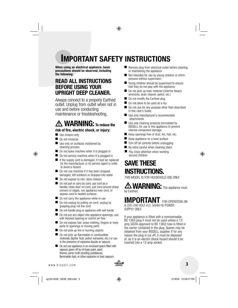 Mportant safety instructions, Warning, Important | Save these instructions | Bissell 1623E User Manual | Page 3 / 16