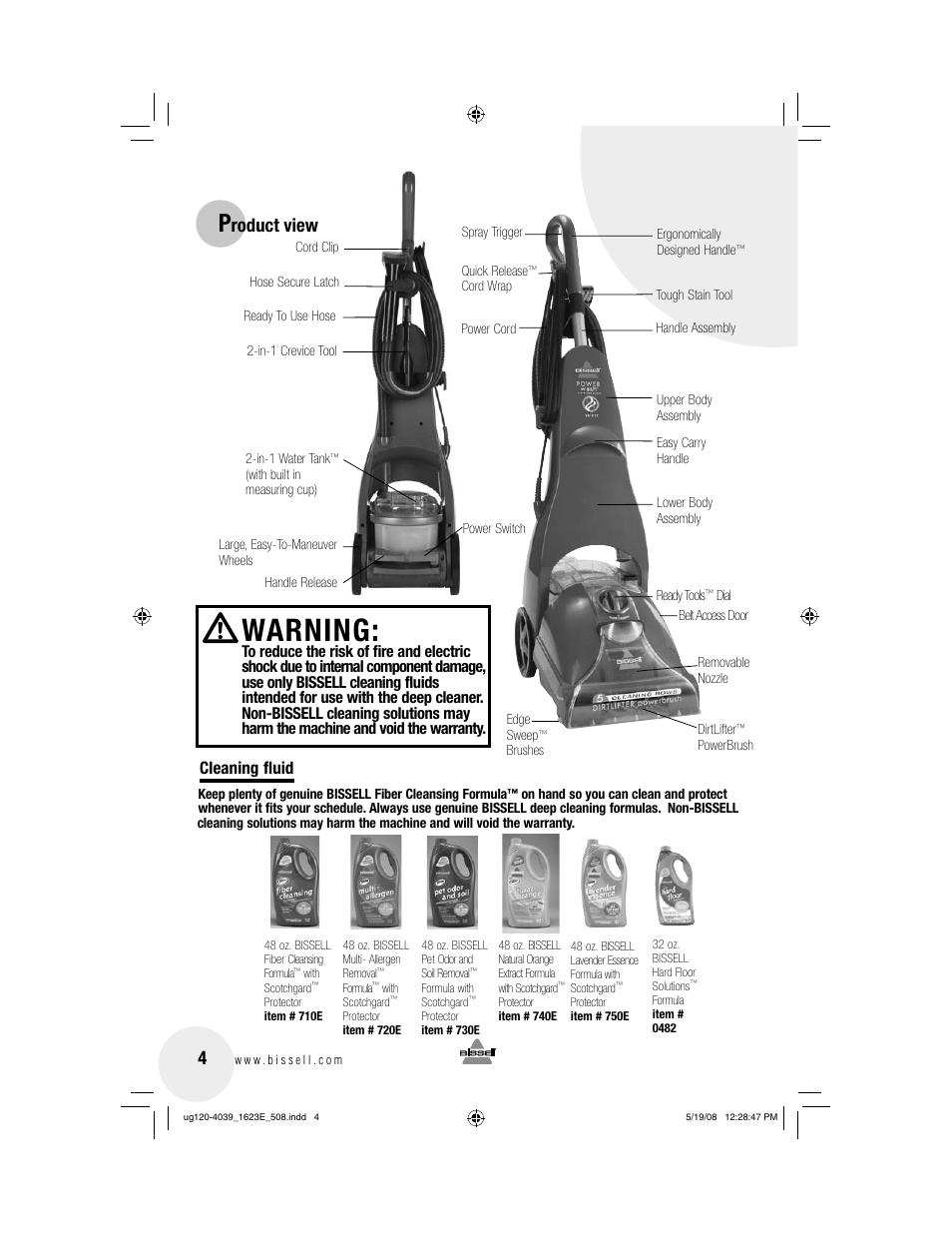 Warning, Roduct view, Cleaning fluid | Bissell 1623E User Manual | Page 4 / 16