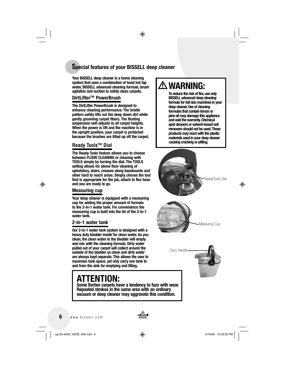 Attention, Warning | Bissell 1623E User Manual | Page 6 / 16