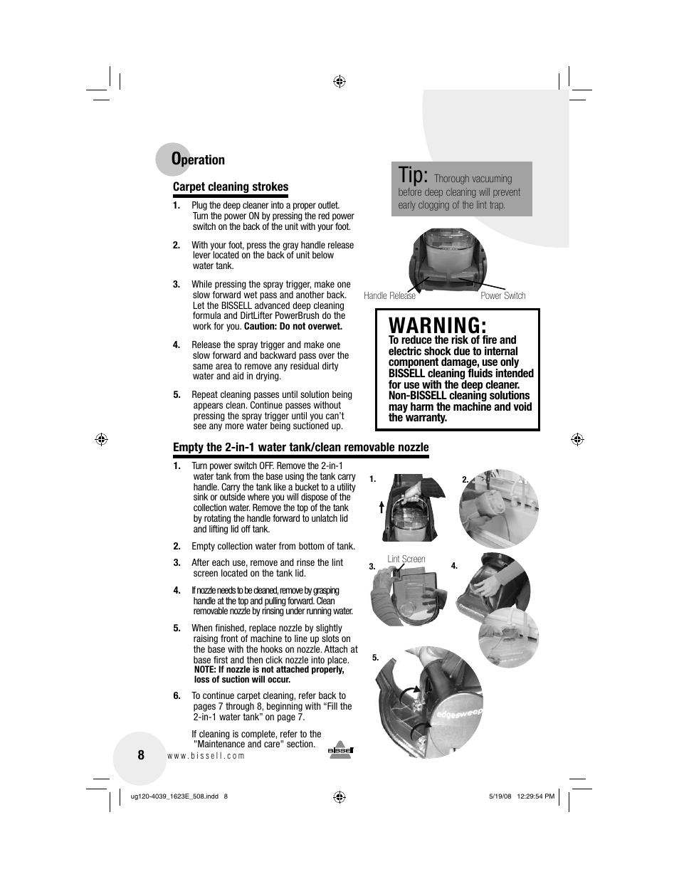 Warning | Bissell 1623E User Manual | Page 8 / 16