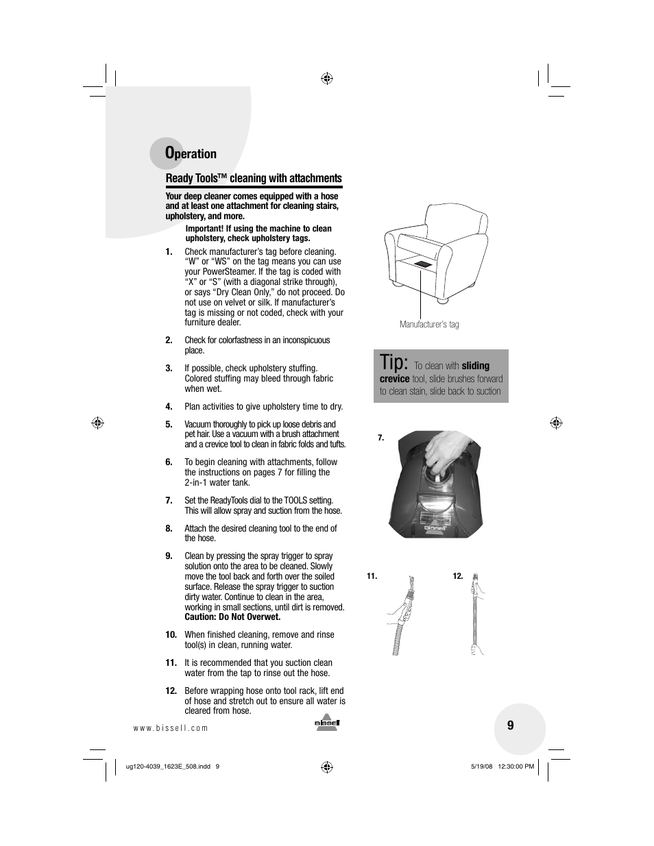 Peration, Ready tools™ cleaning with attachments | Bissell 1623E User Manual | Page 9 / 16