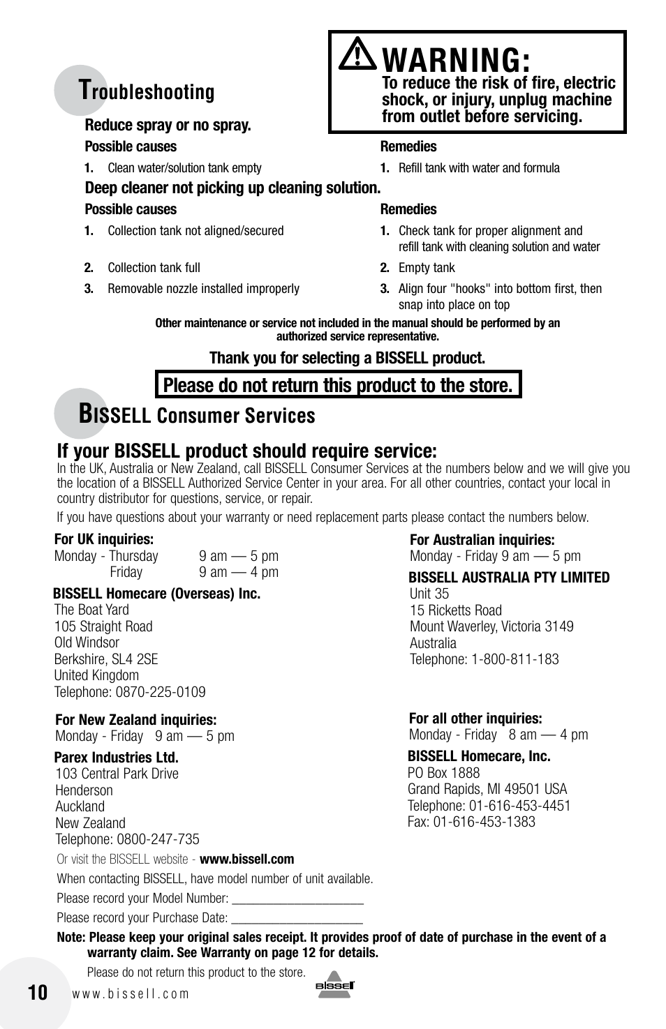 Warning, Roubleshooting, Please do not return this product to the store | Bissell 2080 User Manual | Page 10 / 12