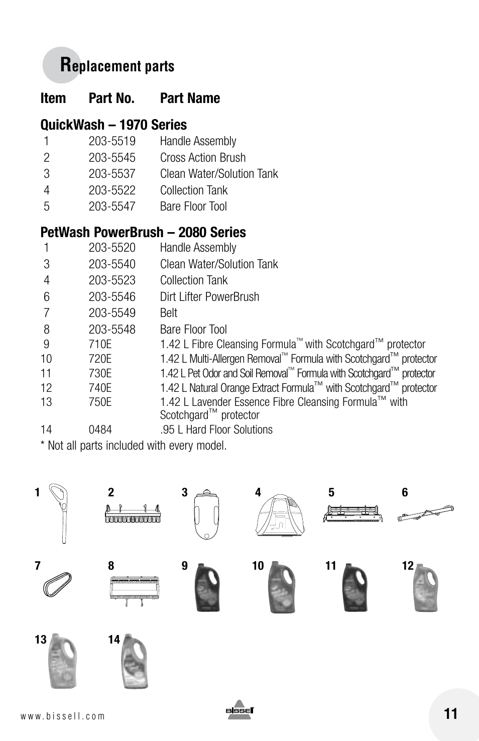 Eplacement parts, Item part no. part name quickwash – 1970 series, Petwash powerbrush – 2080 series | Bissell 2080 User Manual | Page 11 / 12