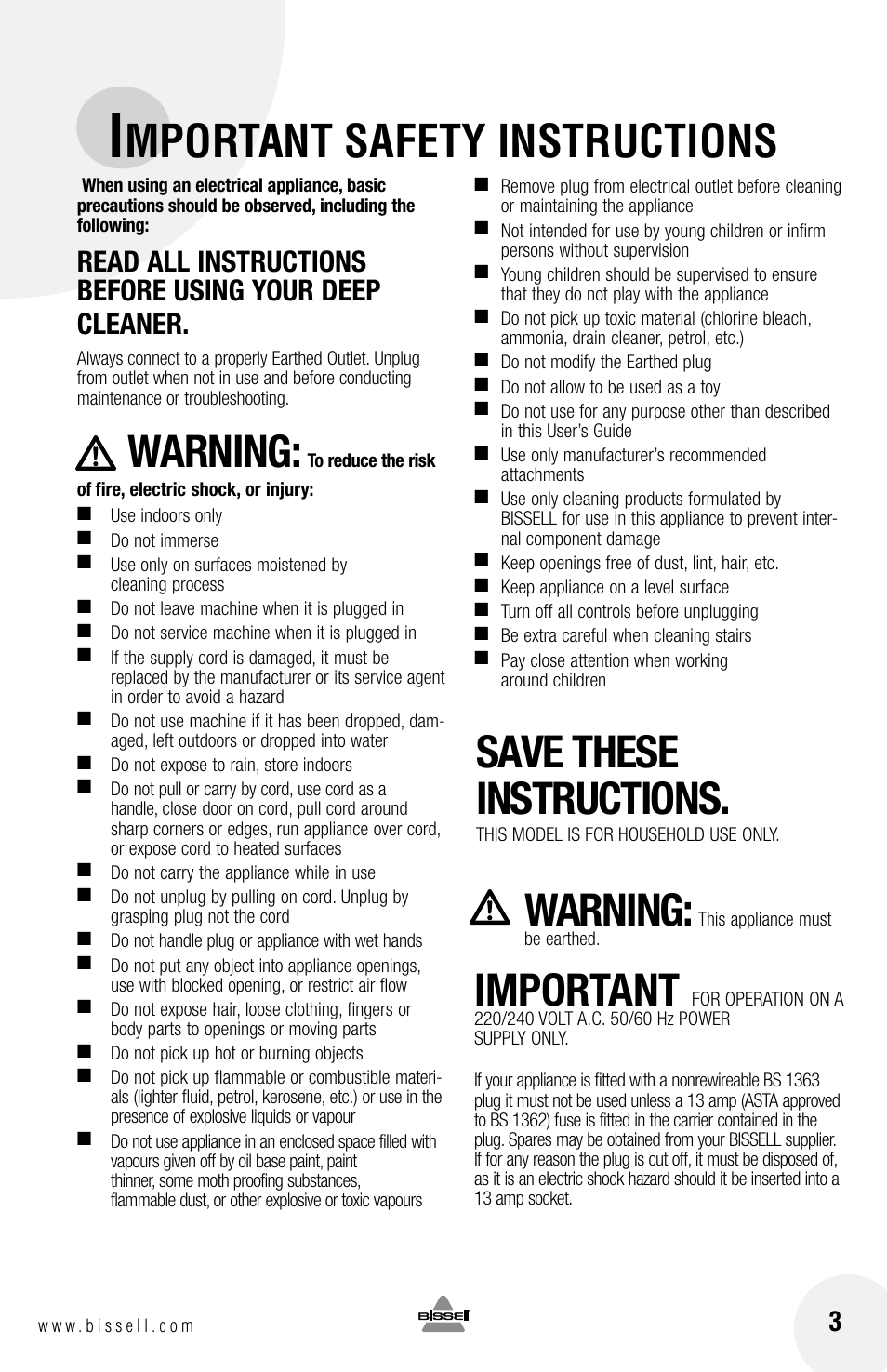 Mportant safety instructions, Warning, Save these instructions | Important | Bissell 2080 User Manual | Page 3 / 12