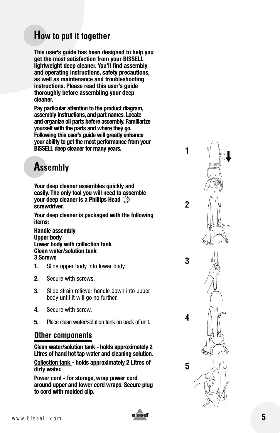 Ow to put it together, Ssembly | Bissell 2080 User Manual | Page 5 / 12