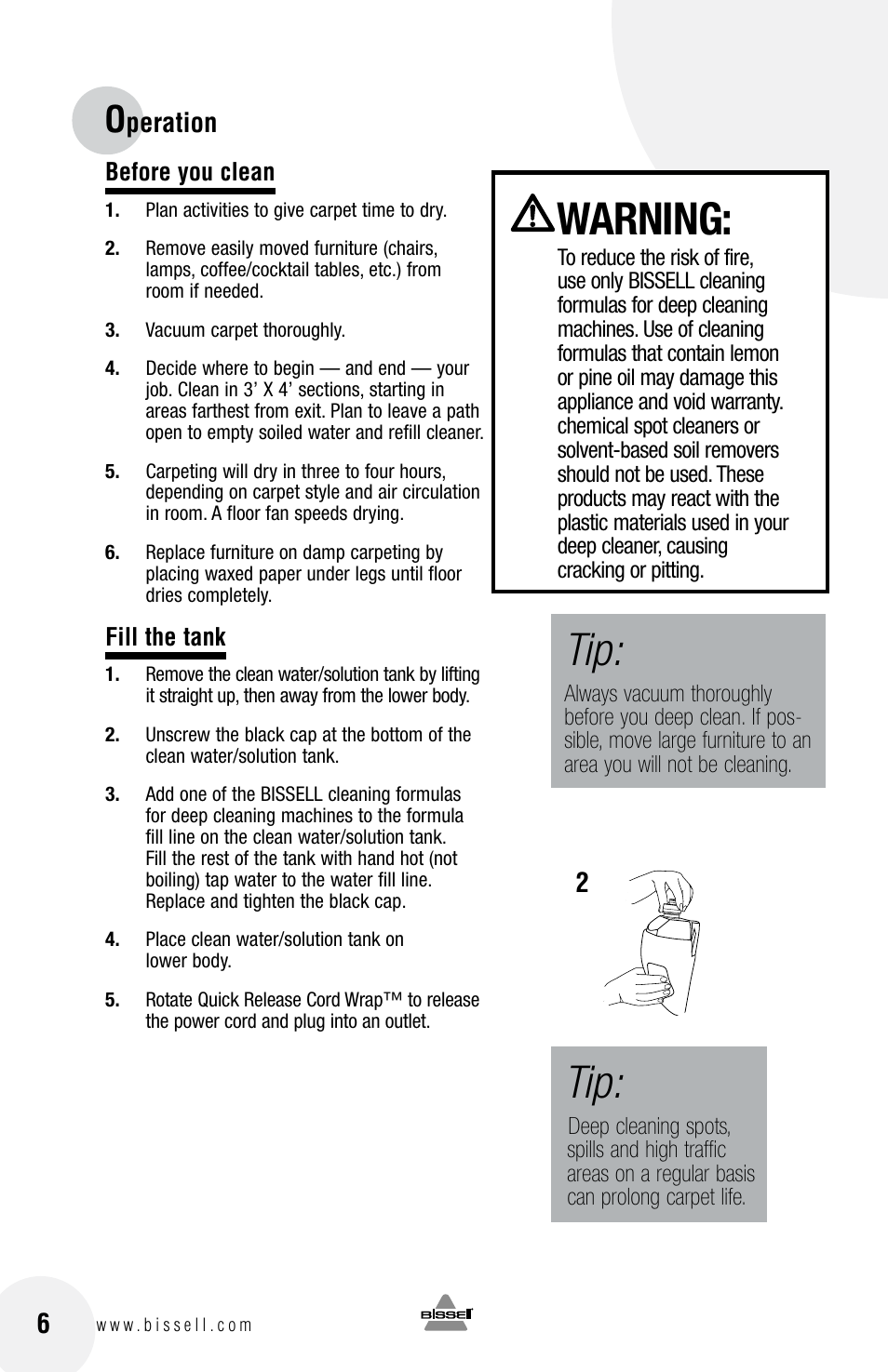 Warning, Peration | Bissell 2080 User Manual | Page 6 / 12