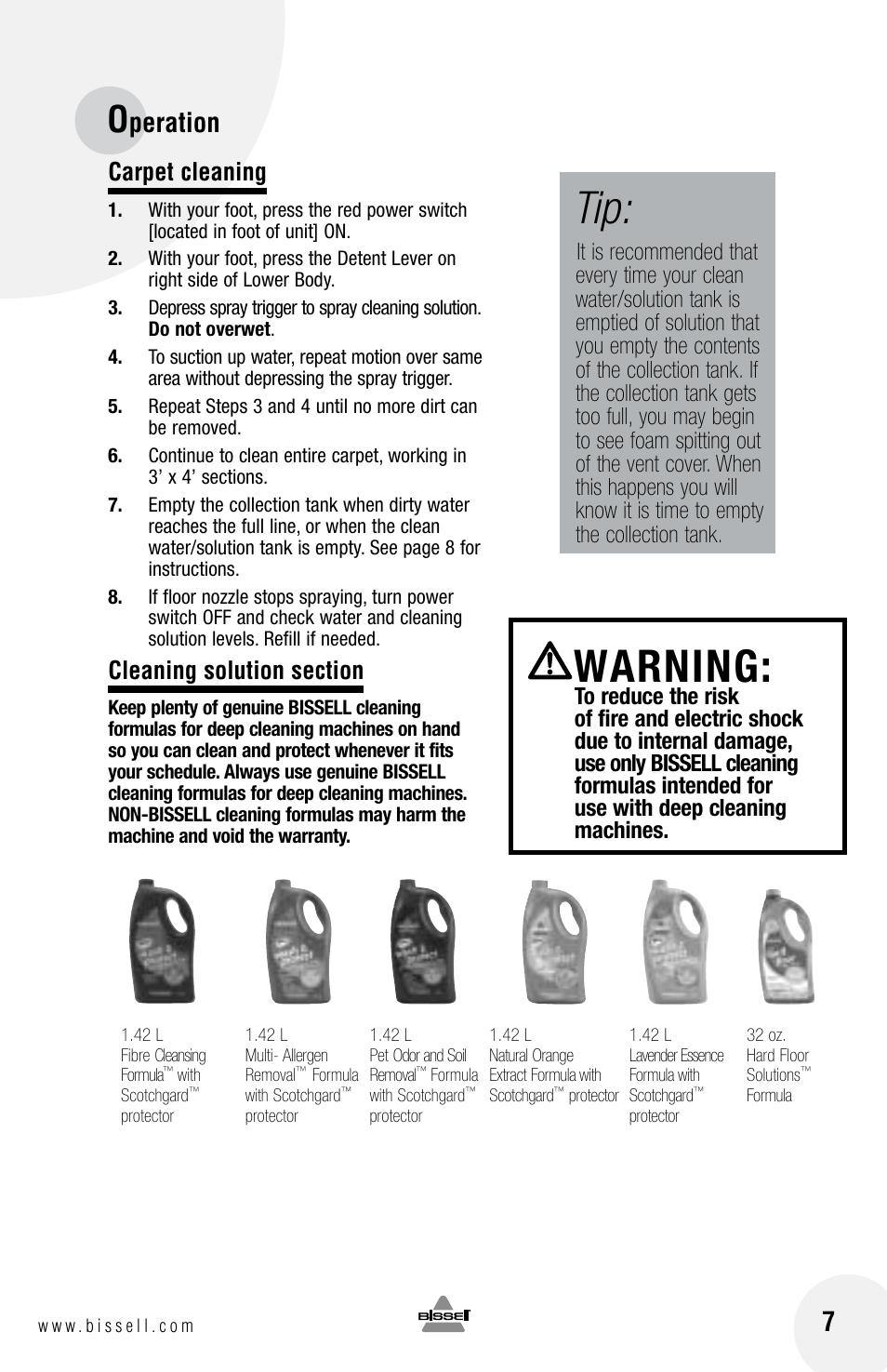 Warning, Peration, Carpet cleaning | Bissell 2080 User Manual | Page 7 / 12